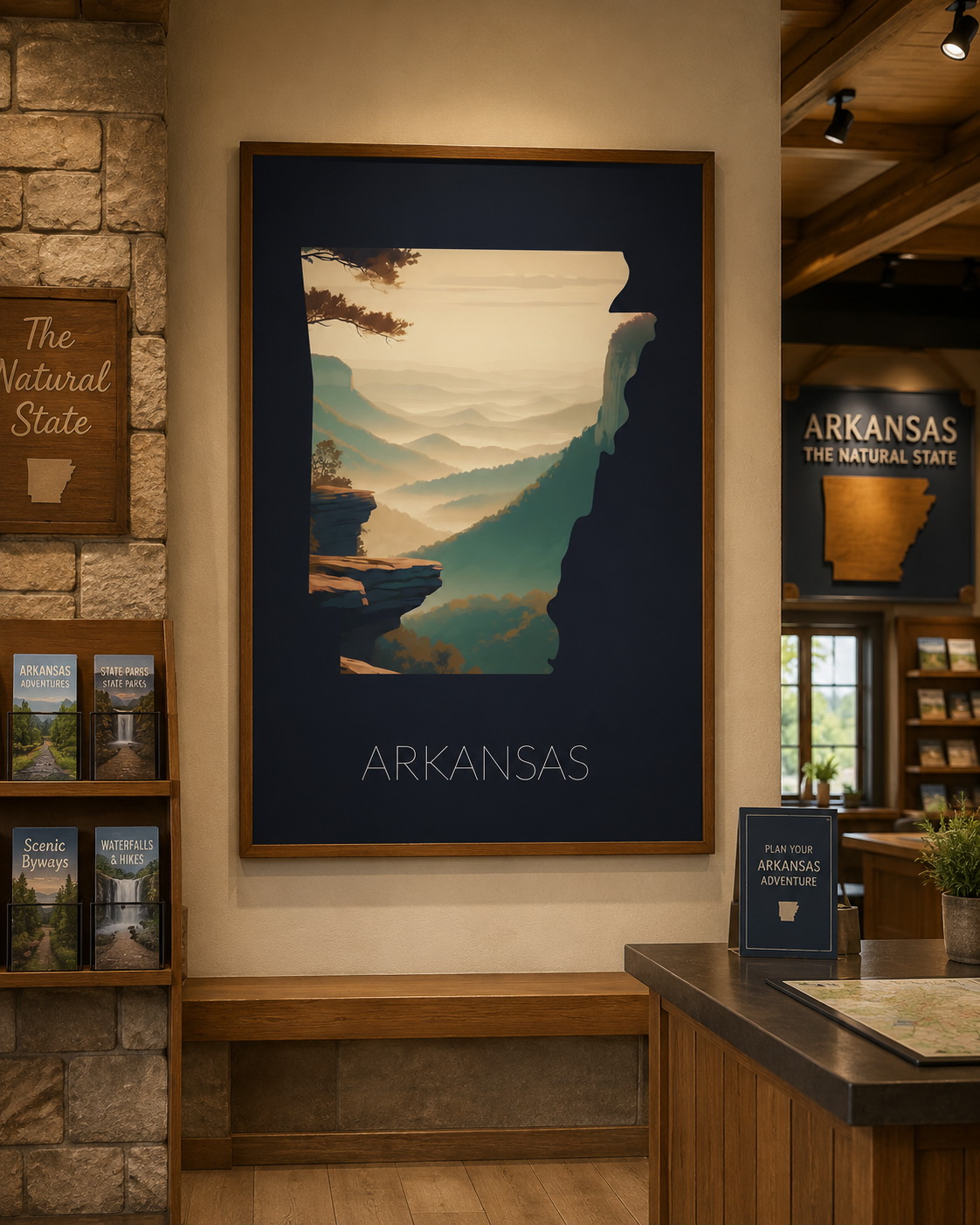 Arkansas state artwork displayed in a visitor center with travel brochures and regional signage