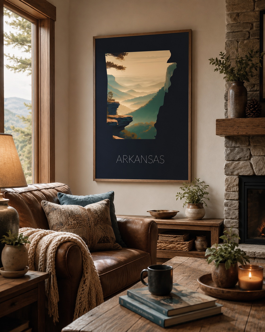 Arkansas state artwork framed in a warm cabin living room interior