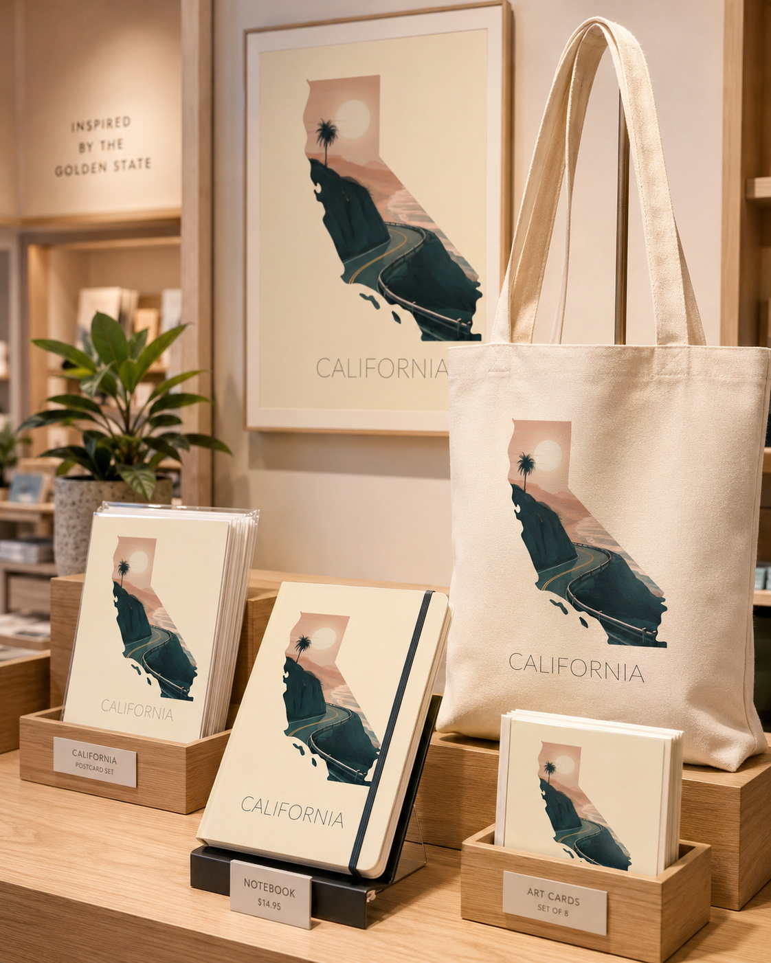California state artwork applied to tote bag, notebook, postcards, art cards and framed print merchandise