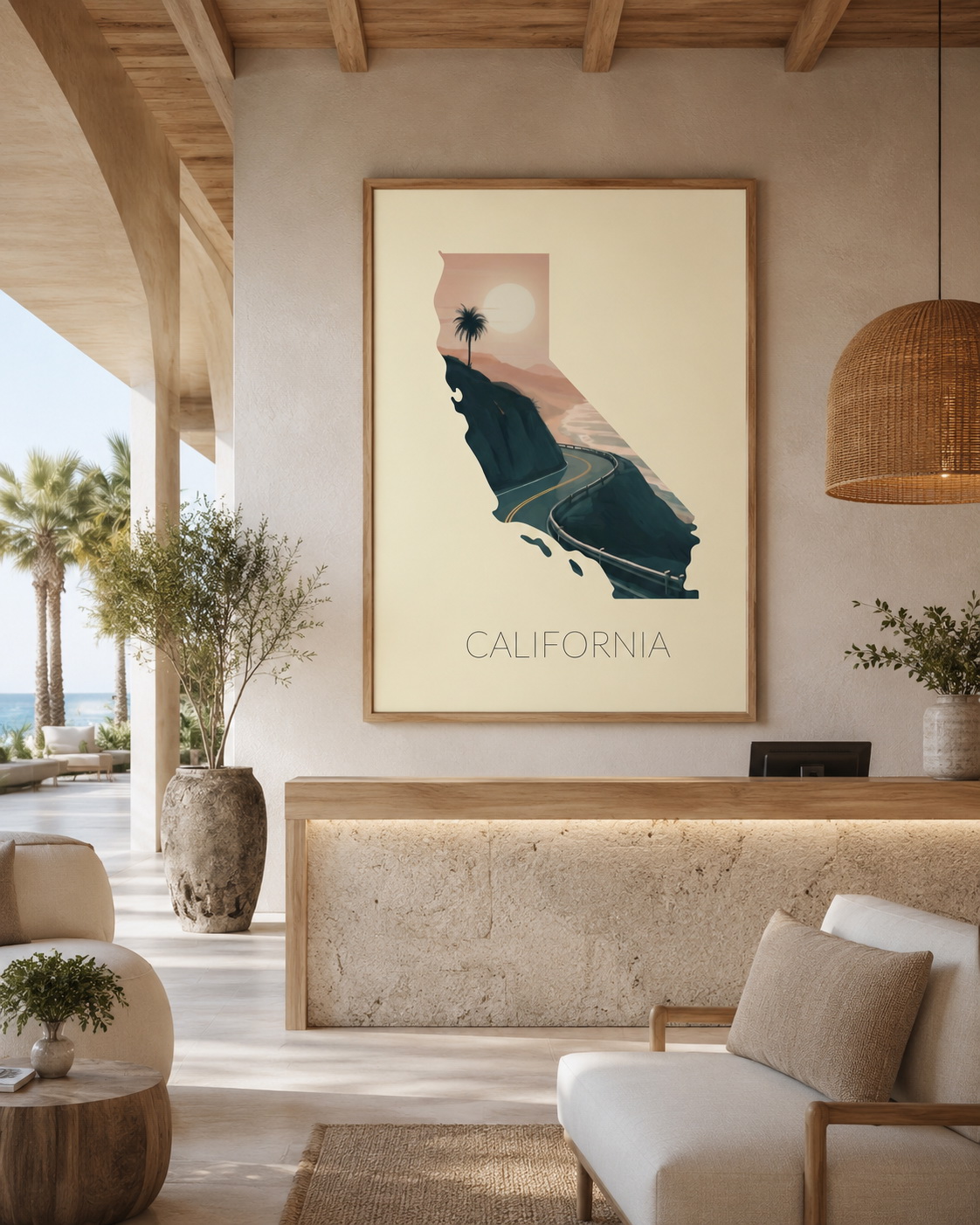 California state artwork displayed in a coastal resort or hotel reception interior