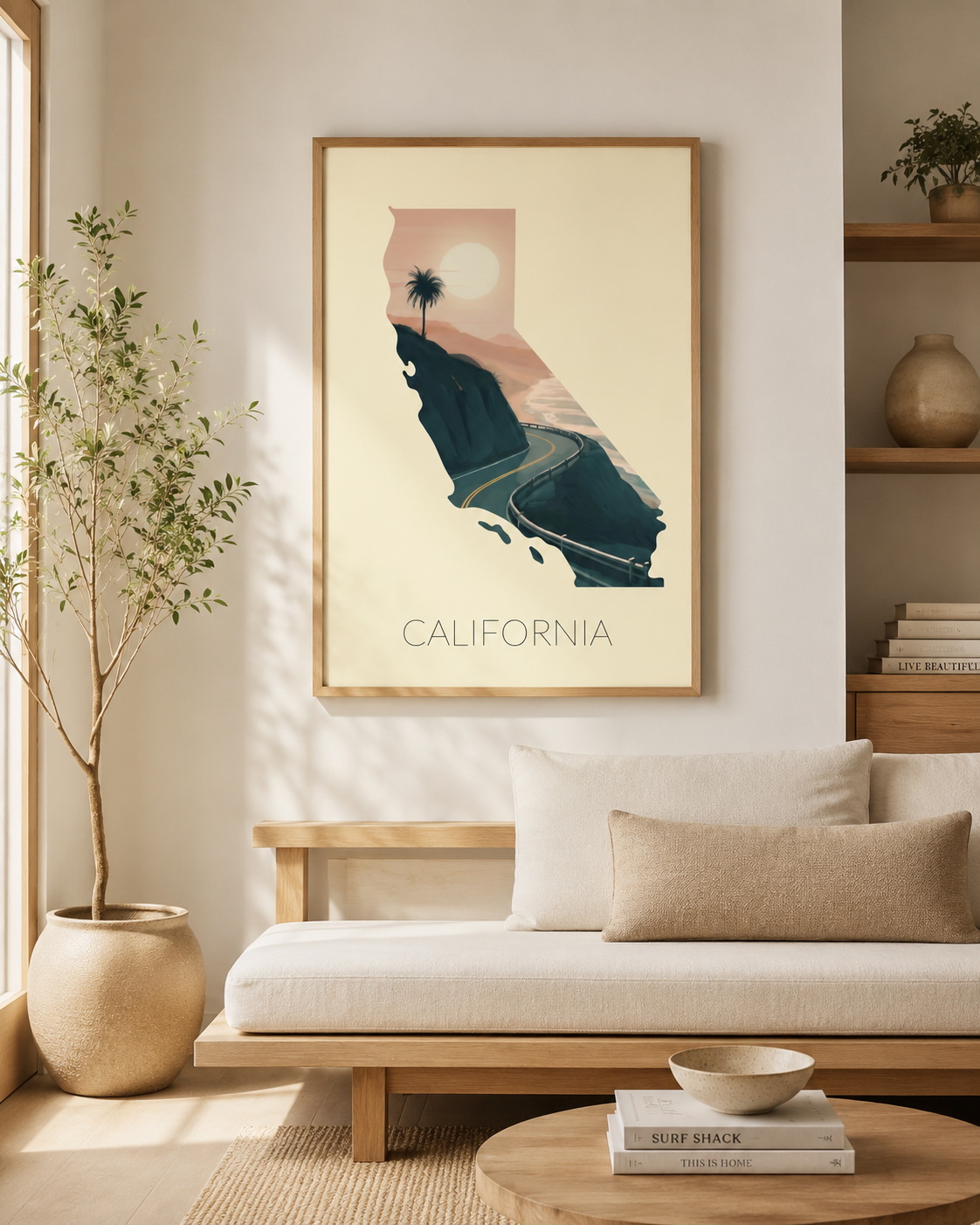 California state artwork framed in a bright coastal home interior with warm natural decor
