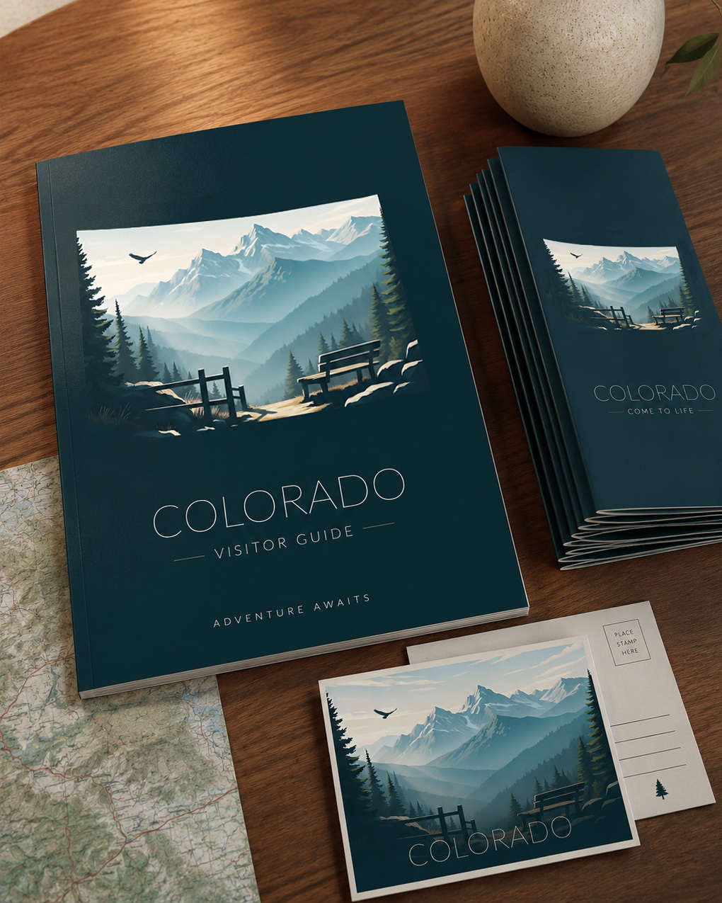 Colorado state artwork used on visitor guide, brochures, postcards and travel print materials