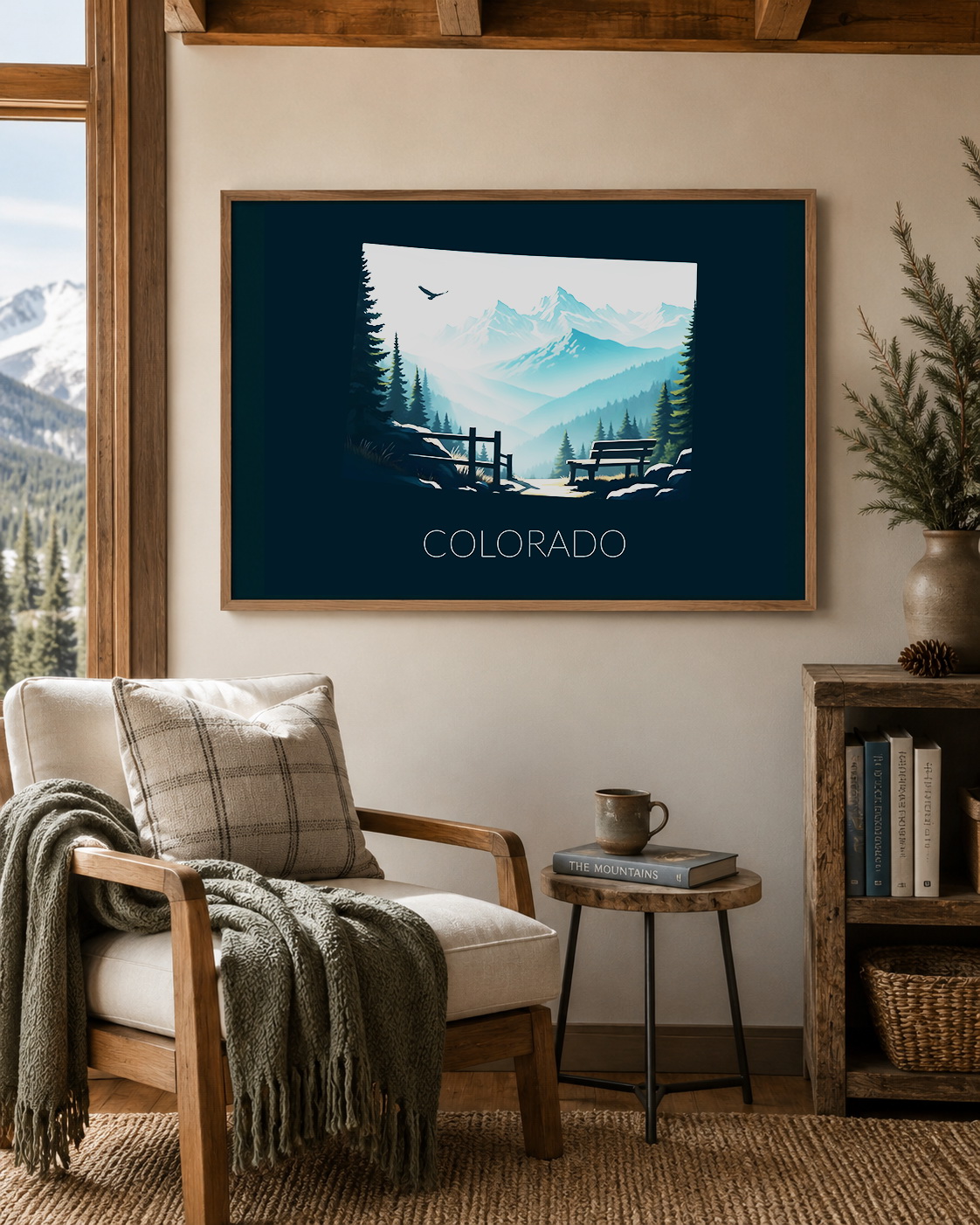 Colorado state artwork framed in a cozy mountain cabin interior with snowy mountain view