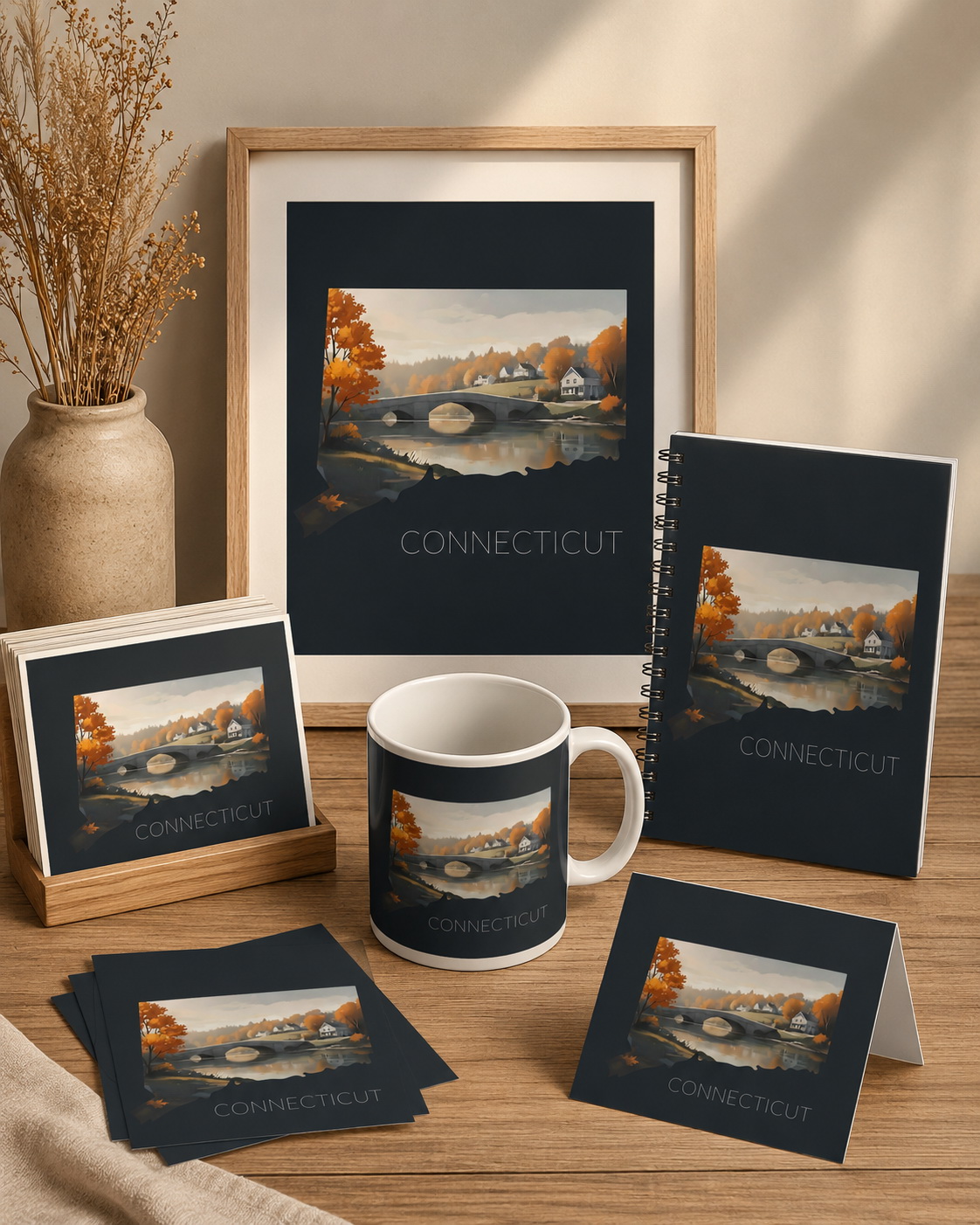Connecticut state artwork framed in a warm New England home interior with autumn decor