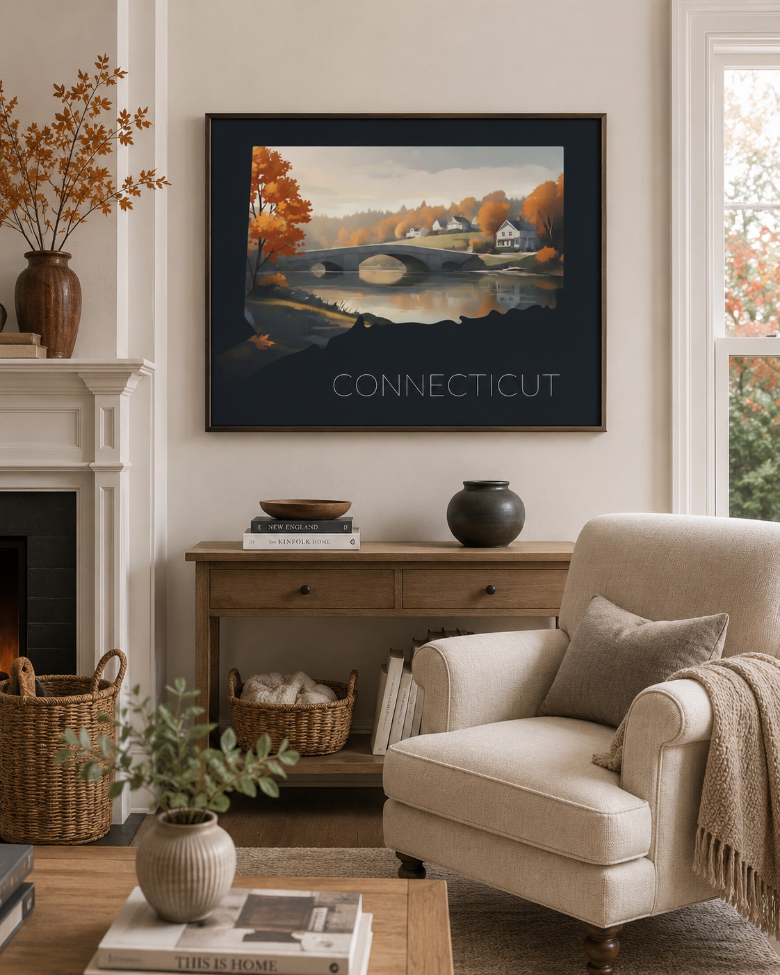 Connecticut state artwork applied to mug, notebook, art cards, postcard set and framed print merchandise