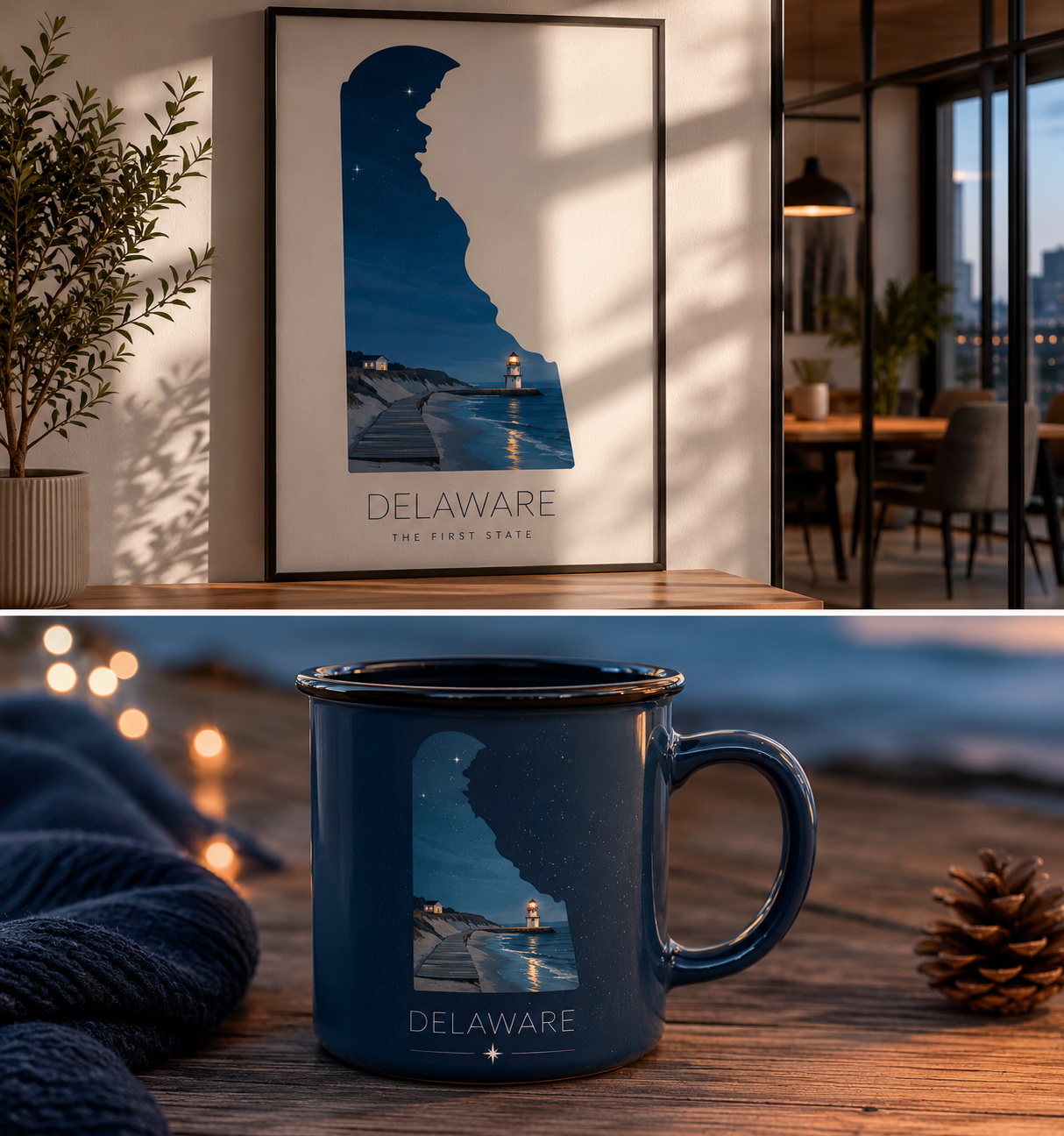 Delaware state artwork displayed as framed coastal office or home wall art with lighthouse design