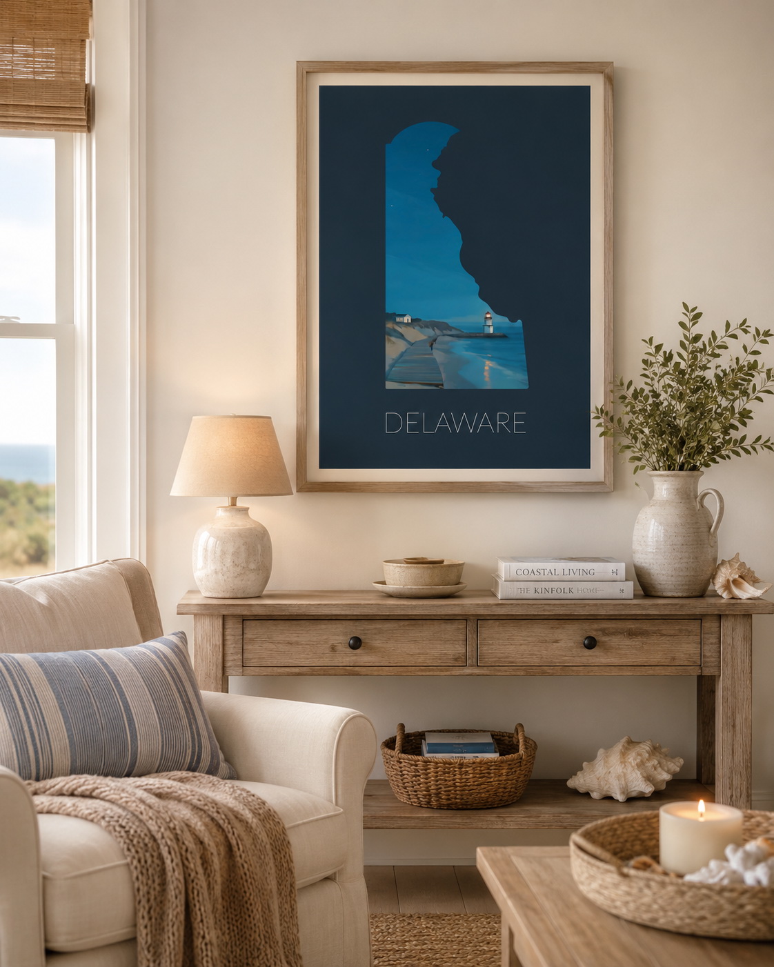 Delaware state artwork framed in a bright coastal home interior with beach decor