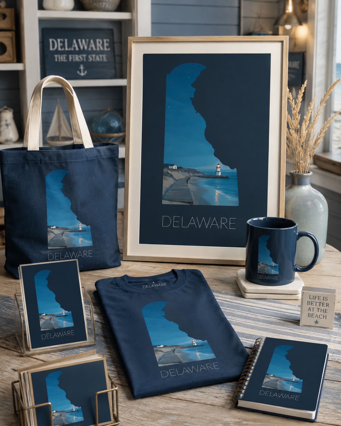 Delaware state artwork applied to tote bag, mug, shirt, notebook, postcards and framed print merchandise