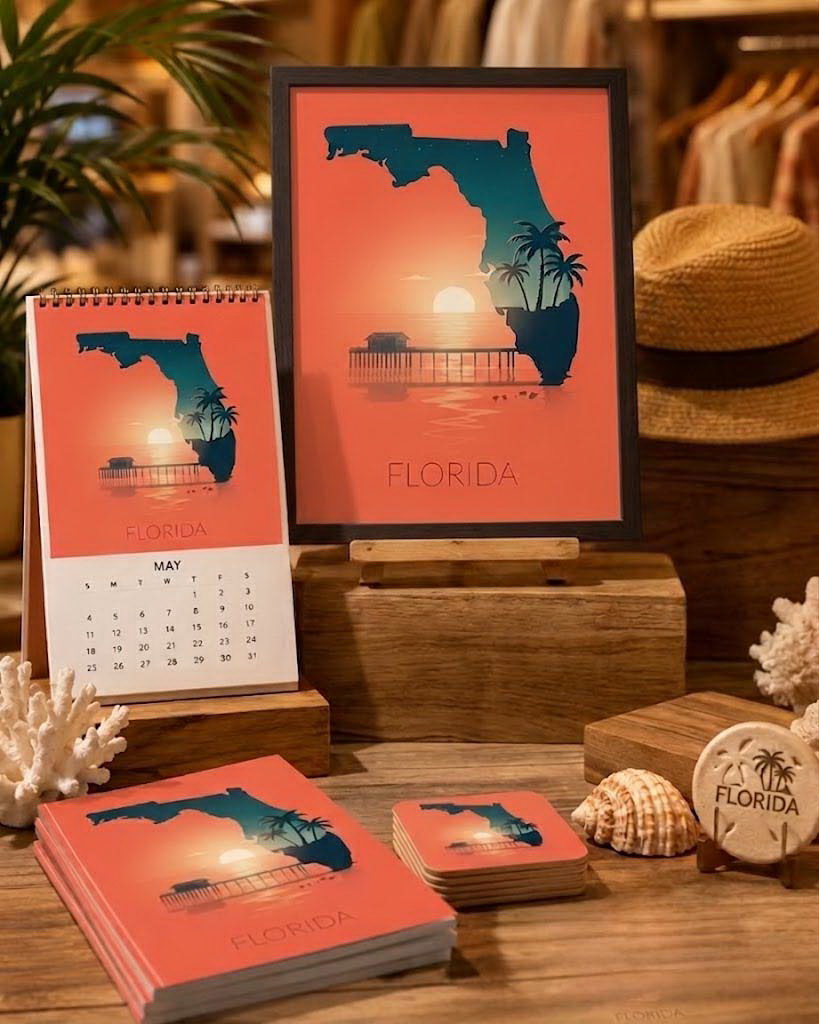 Florida state artwork applied to calendar, postcards, coasters and framed print merchandise in a coastal gift shop