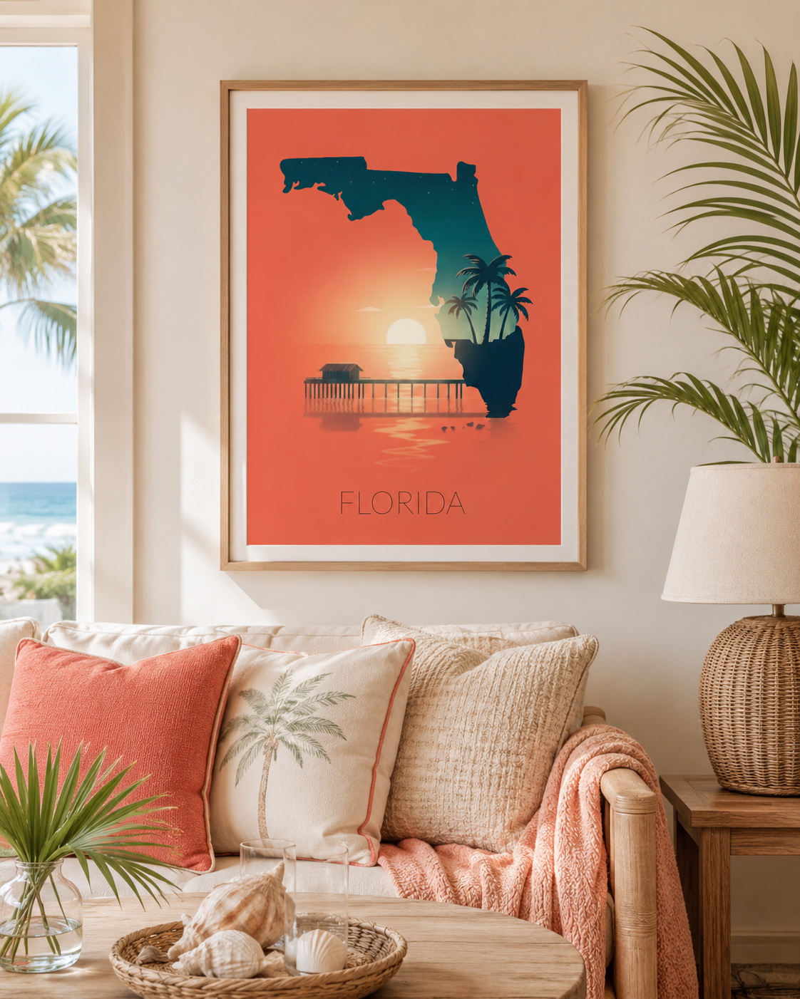 Florida state artwork displayed as framed tropical wall art in a bright coastal home interior