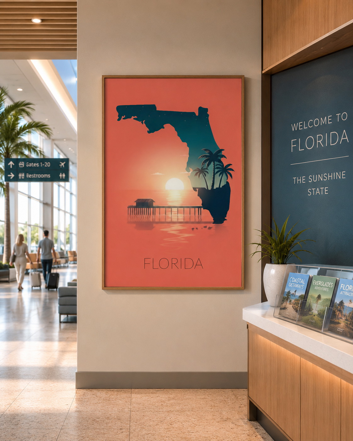Florida state artwork displayed in an airport or travel welcome area with coastal tourism brochures
