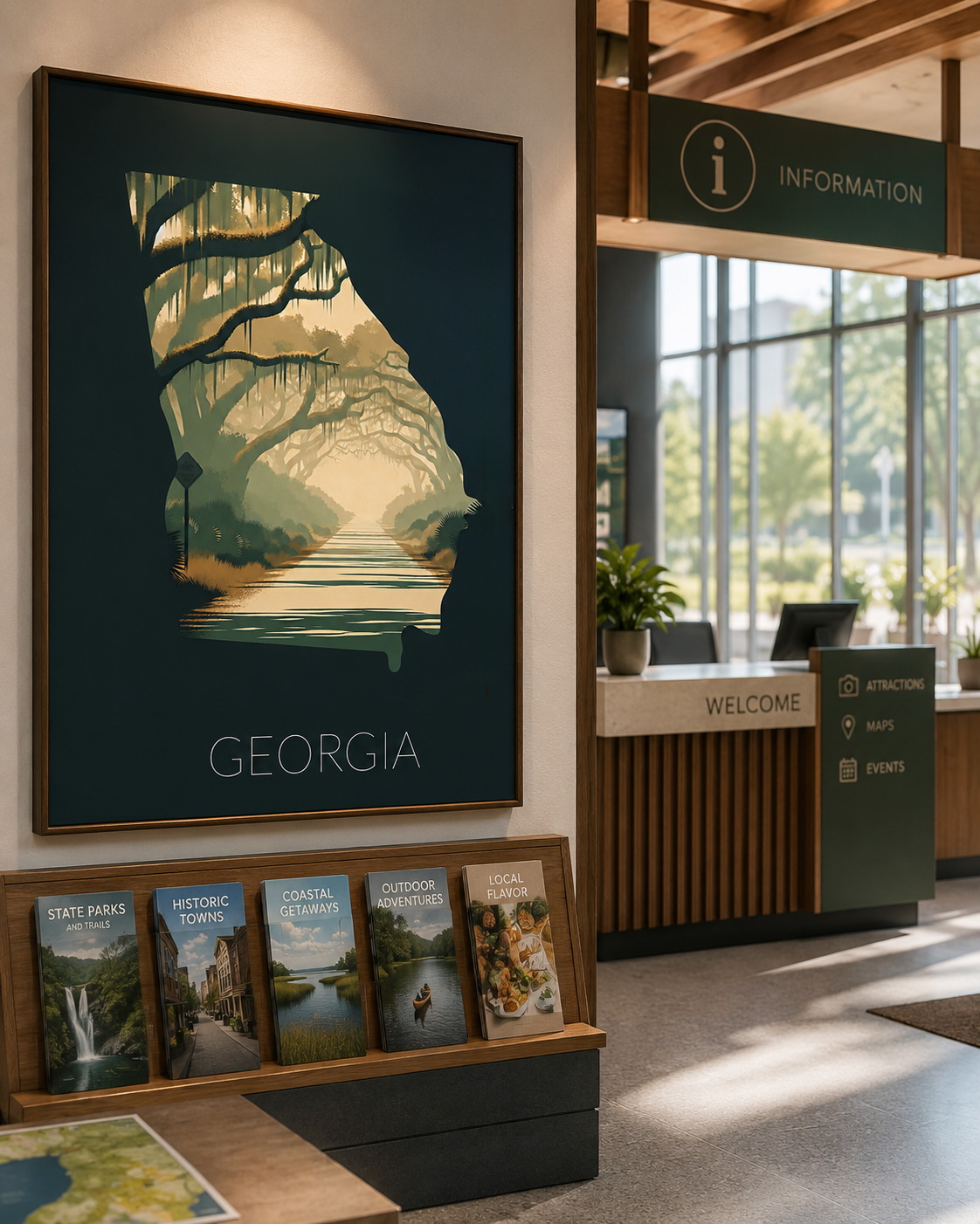 Georgia state artwork displayed as large framed wall art in a visitor center or hospitality information space