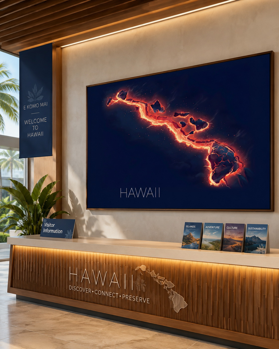 Hawaii state artwork displayed as large framed wall art in a resort or visitor information space