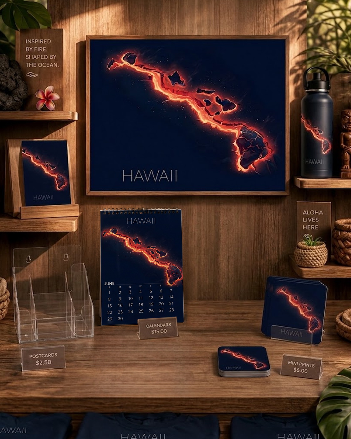 Hawaii state artwork displayed as framed tropical wall art in a modern coastal home interior