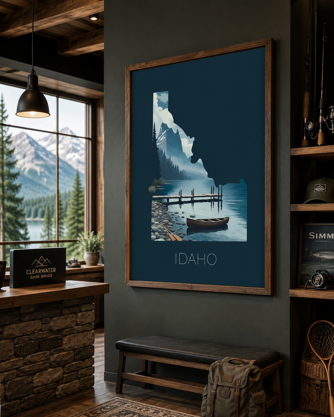 Idaho state artwork displayed in a guide service office or hospitality interior with mountain lodge styling