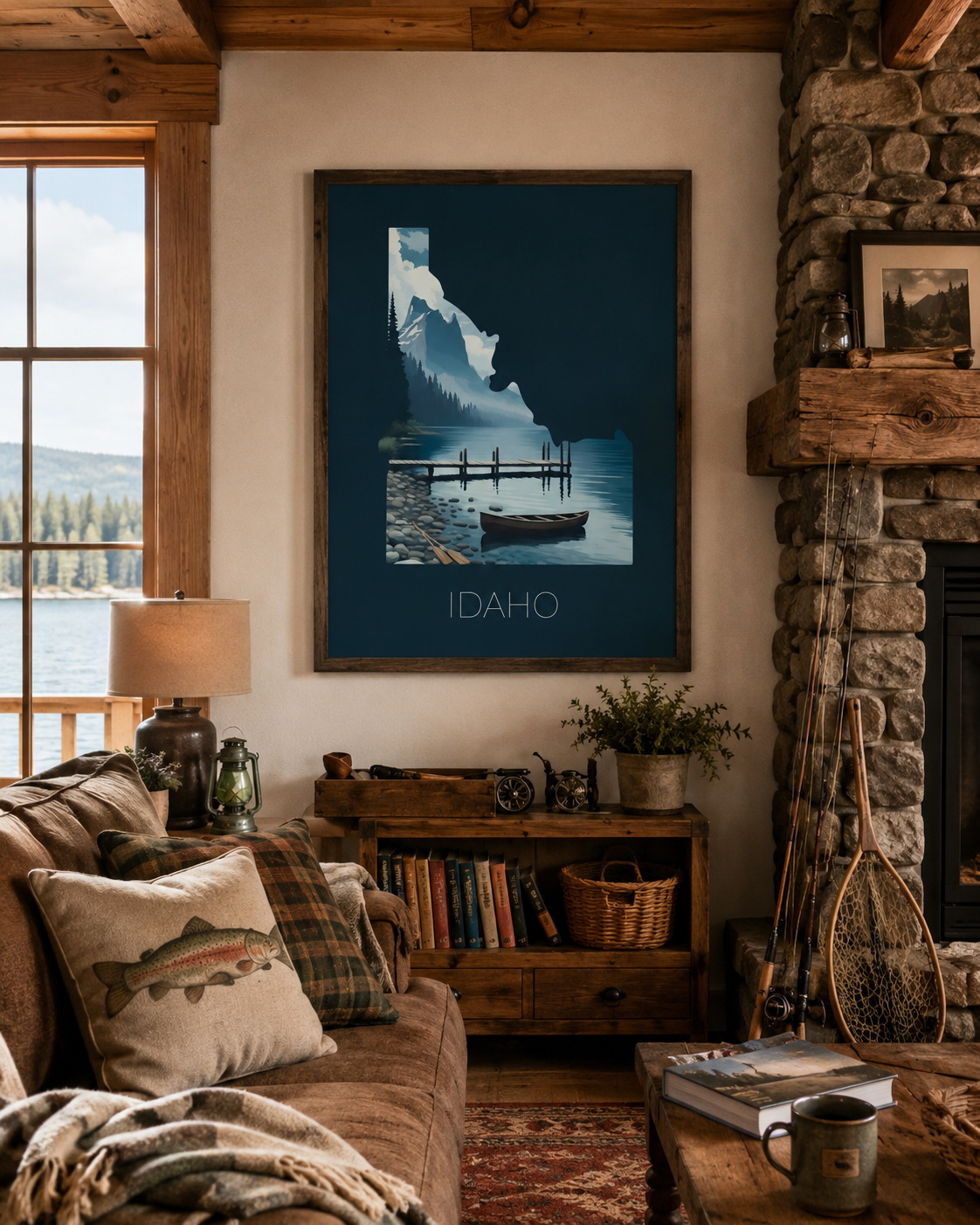 Idaho state artwork displayed as framed wall art in a rustic cabin or lakeside home interior