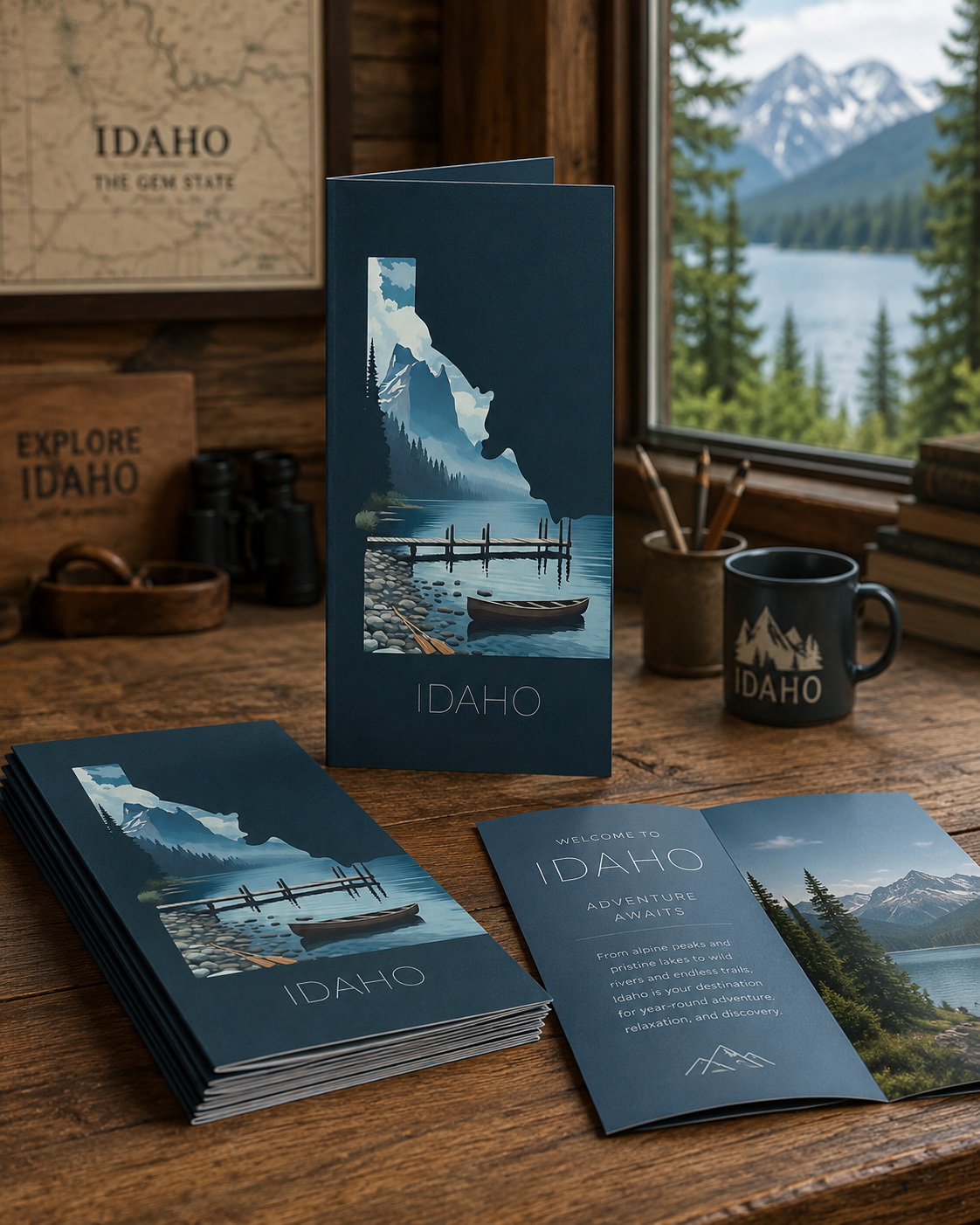 Idaho state artwork adapted into brochure and printed travel collateral for tourism or visitor marketing