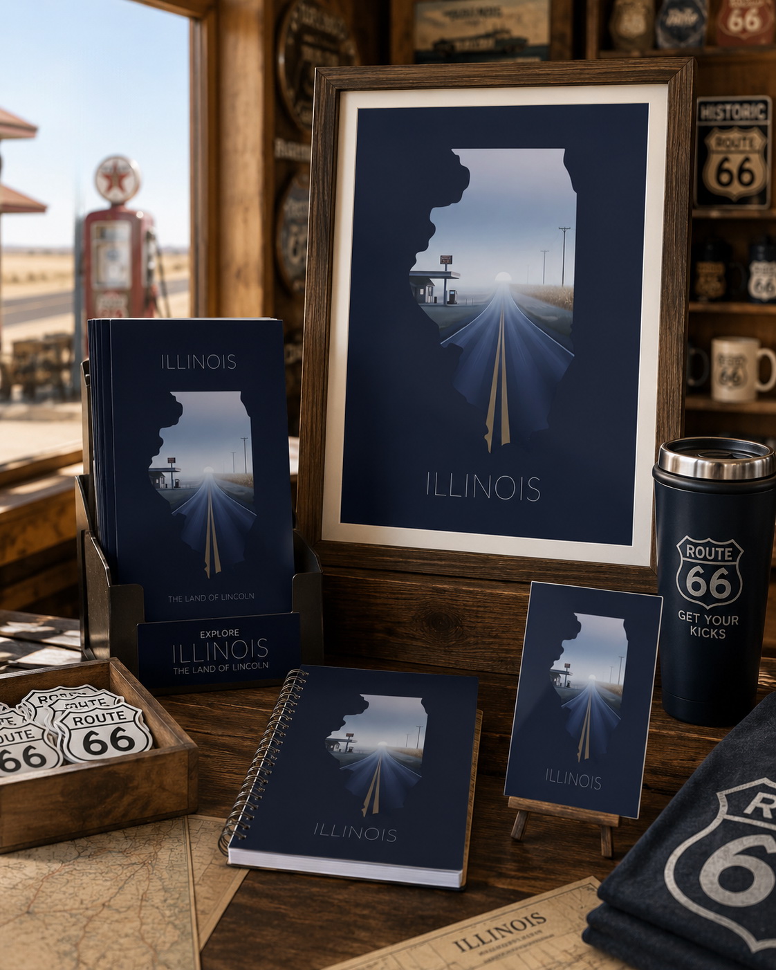 Illinois state artwork adapted into travel merchandise including brochure, notebook, print and tumbler for souvenir retail