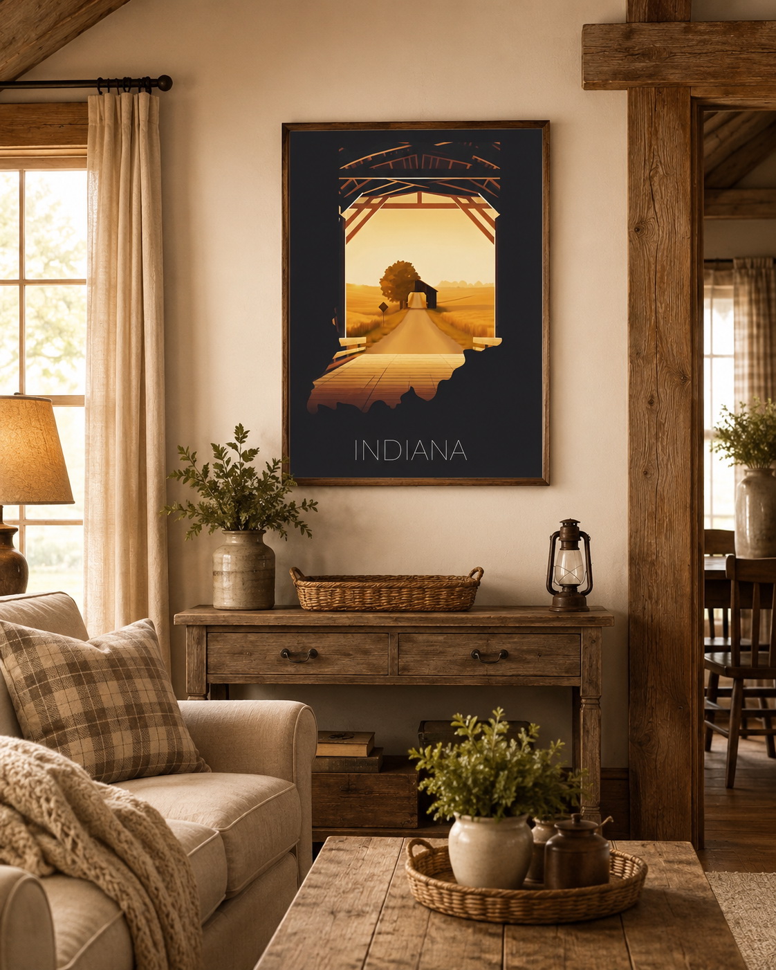 Indiana state artwork applied to framed art, tote bag, mug, notebook, shirt and postcard merchandise