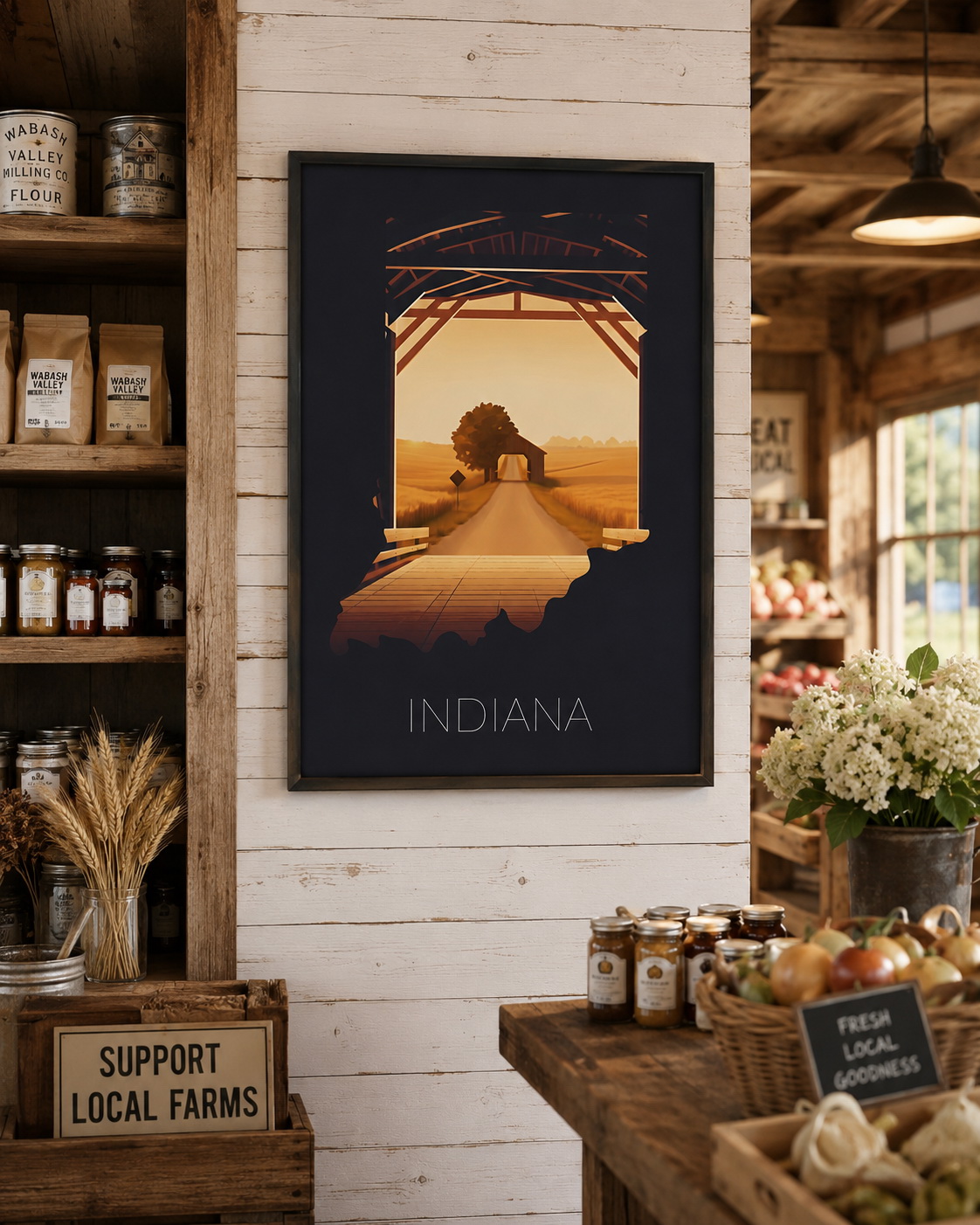 Indiana state artwork displayed as framed wall art in a warm rustic country home interior