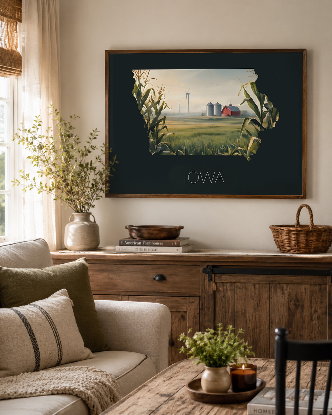 Iowa state artwork displayed as framed wall art in a warm farmhouse-inspired home interior