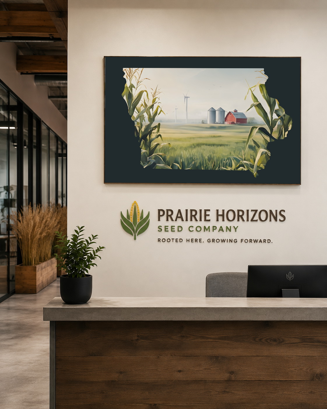 Iowa state artwork displayed in a seed company or agricultural office reception area