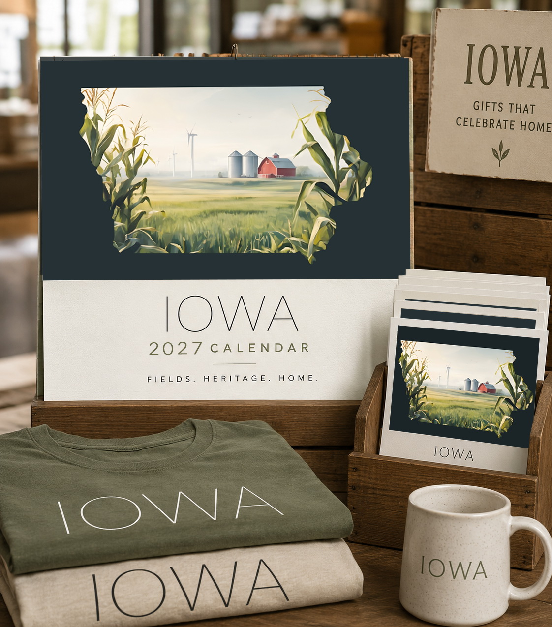 Iowa state artwork applied to a calendar, cards, folded shirts and a mug in a gift collection display