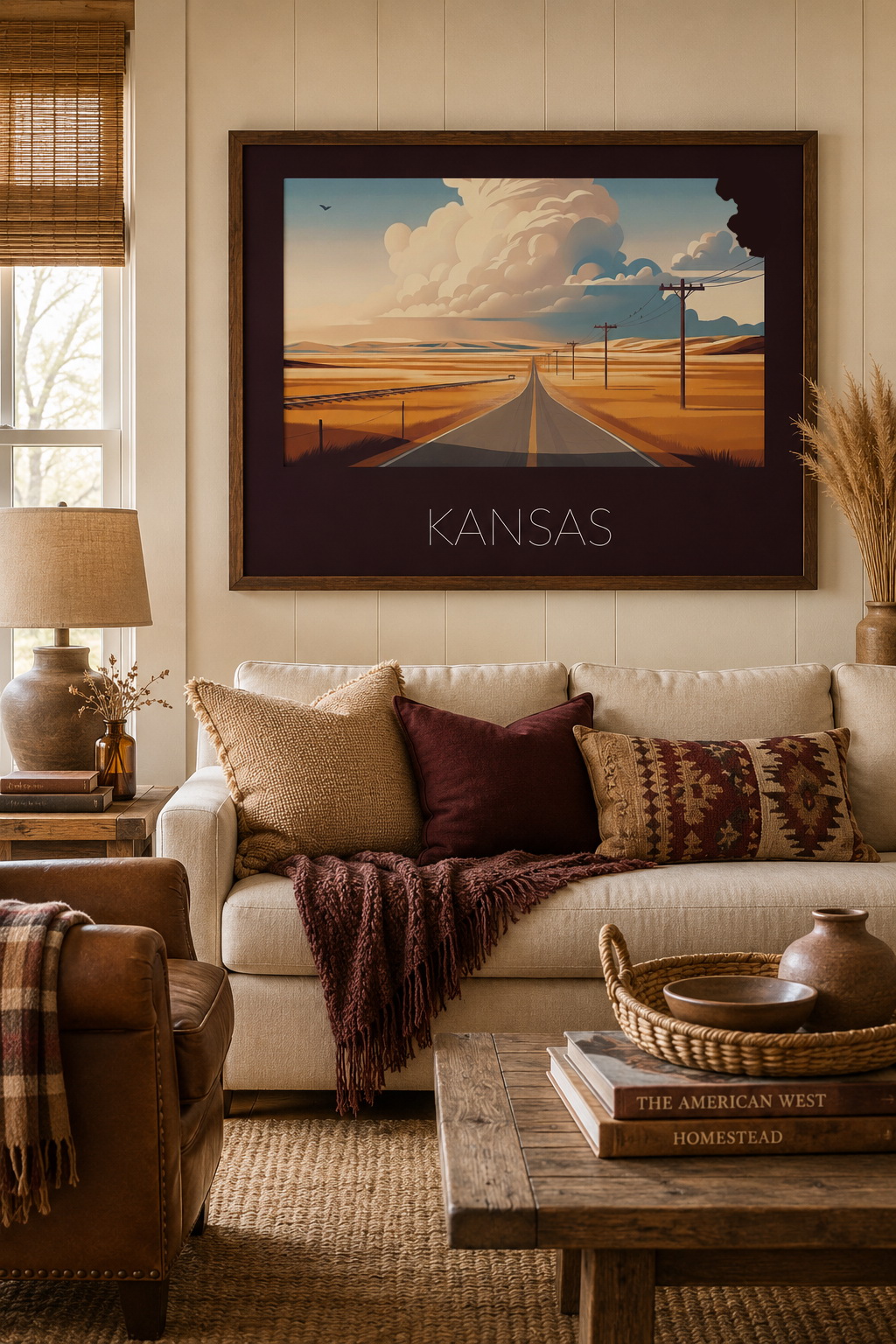 Kansas state artwork displayed in a warm home interior with prairie-inspired decor