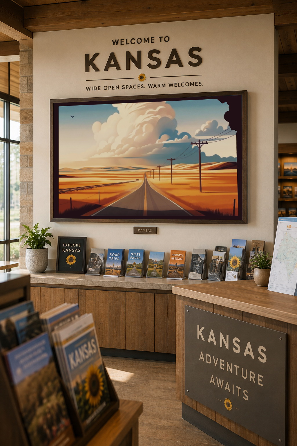 Kansas state artwork displayed in a visitor center or tourism information interior
