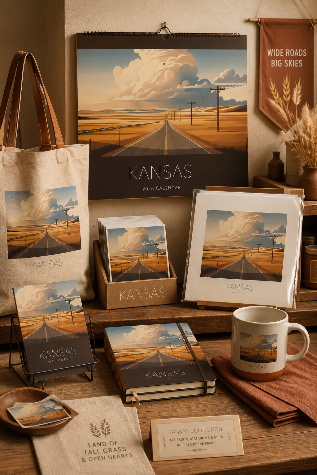 Kansas state artwork applied to a calendar, tote bag, cards, notebook, prints and mug in a gift collection display