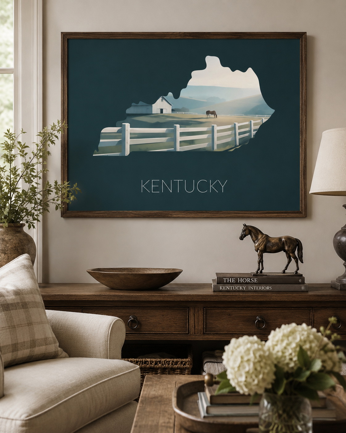 Kentucky state artwork displayed in an elegant home interior with horse country decor accents