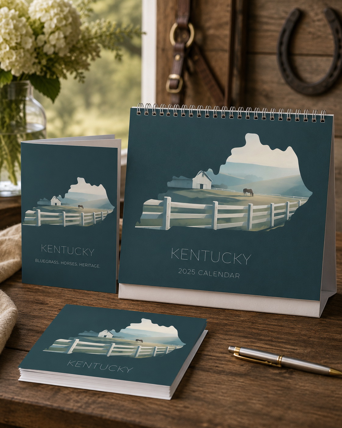 Kentucky state artwork applied to a calendar, greeting card and paper goods merchandise collection