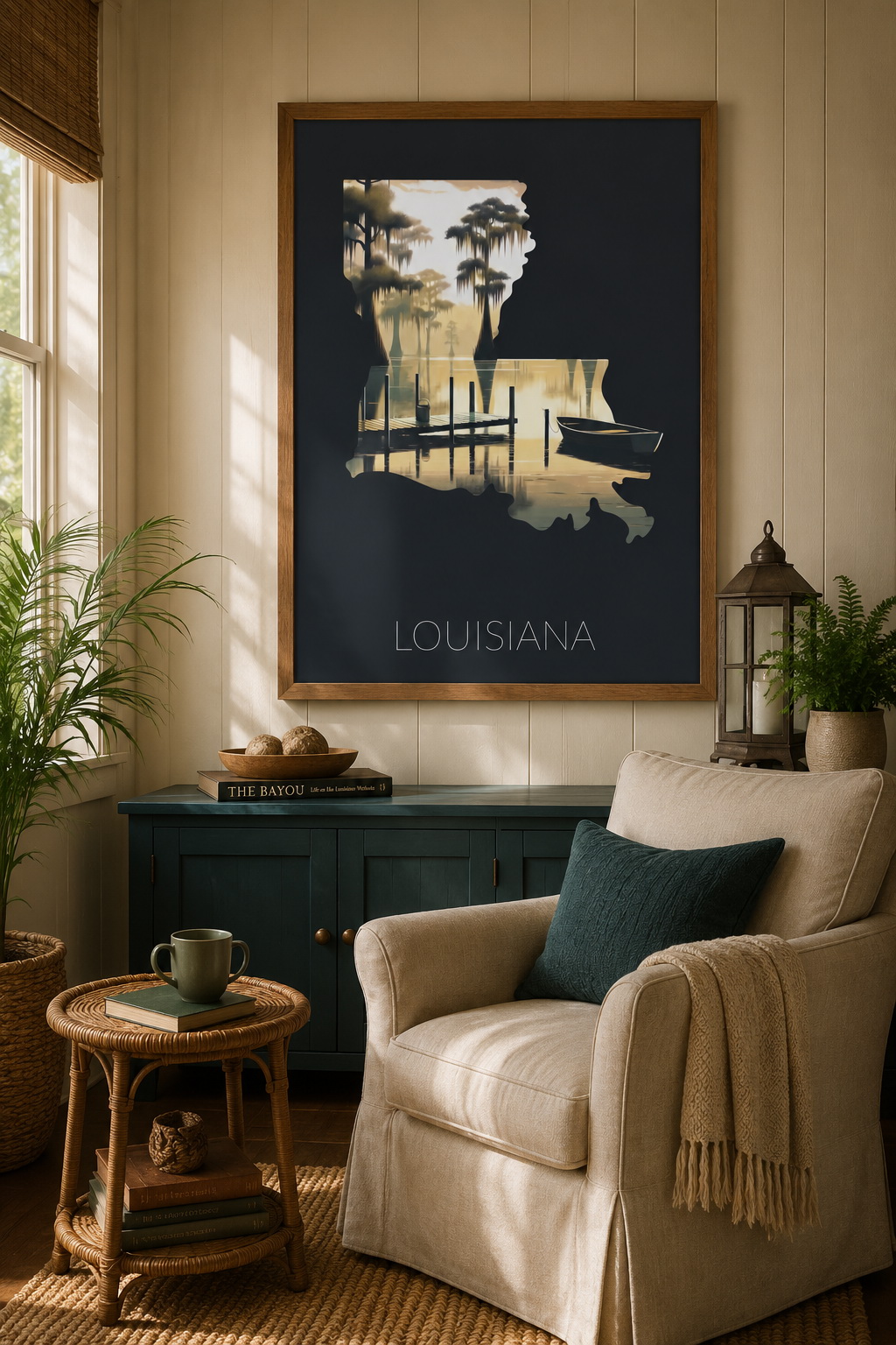Louisiana state artwork displayed in a warm home interior with bayou-inspired decor accents