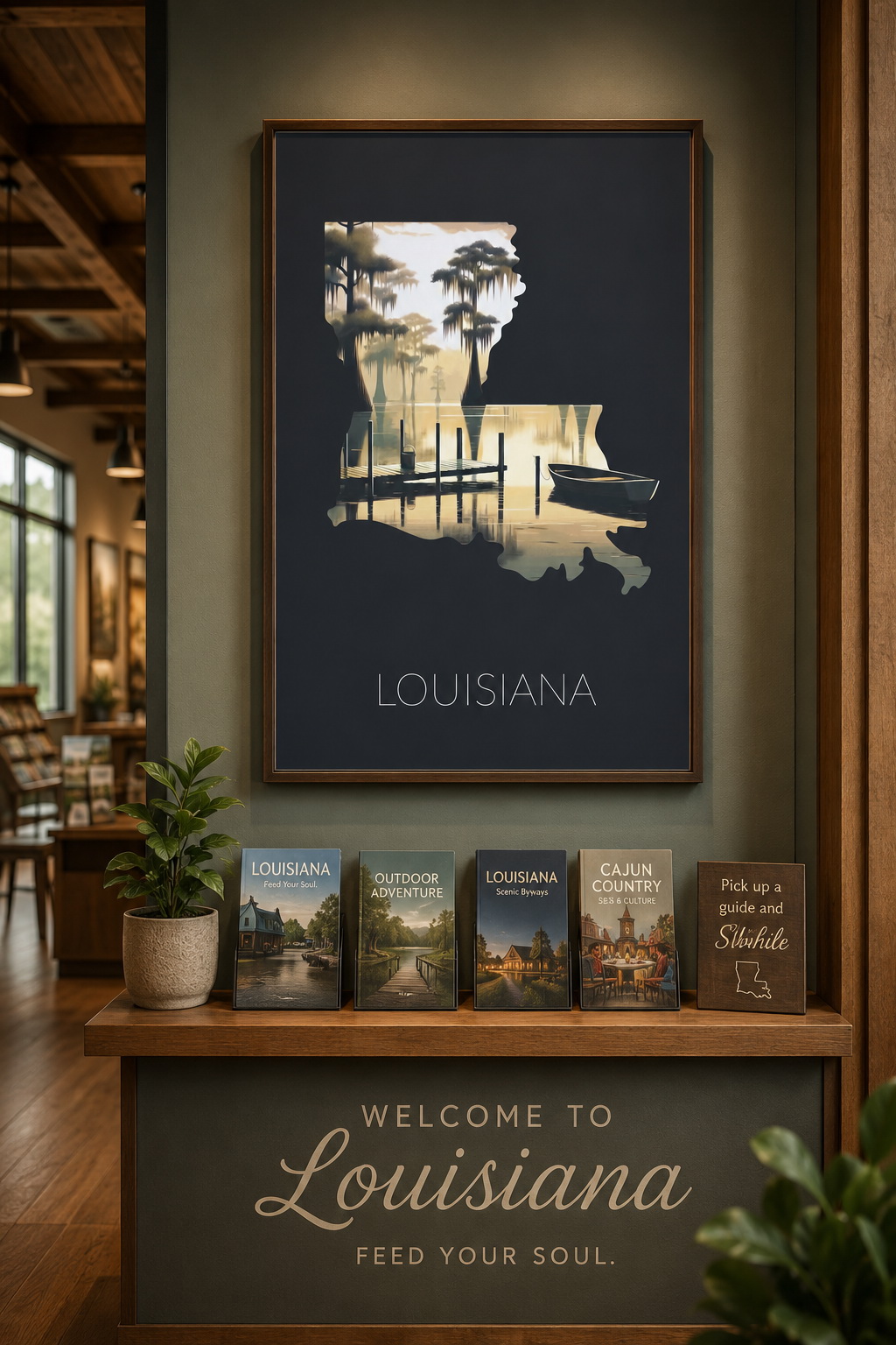Louisiana state artwork displayed in a visitor center or hospitality-style interior with regional brochures