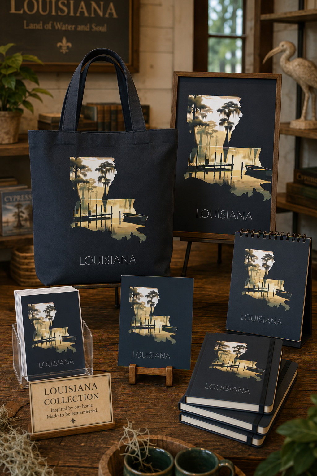 Louisiana state artwork applied to tote bags, notebooks, mini prints and merchandise display items