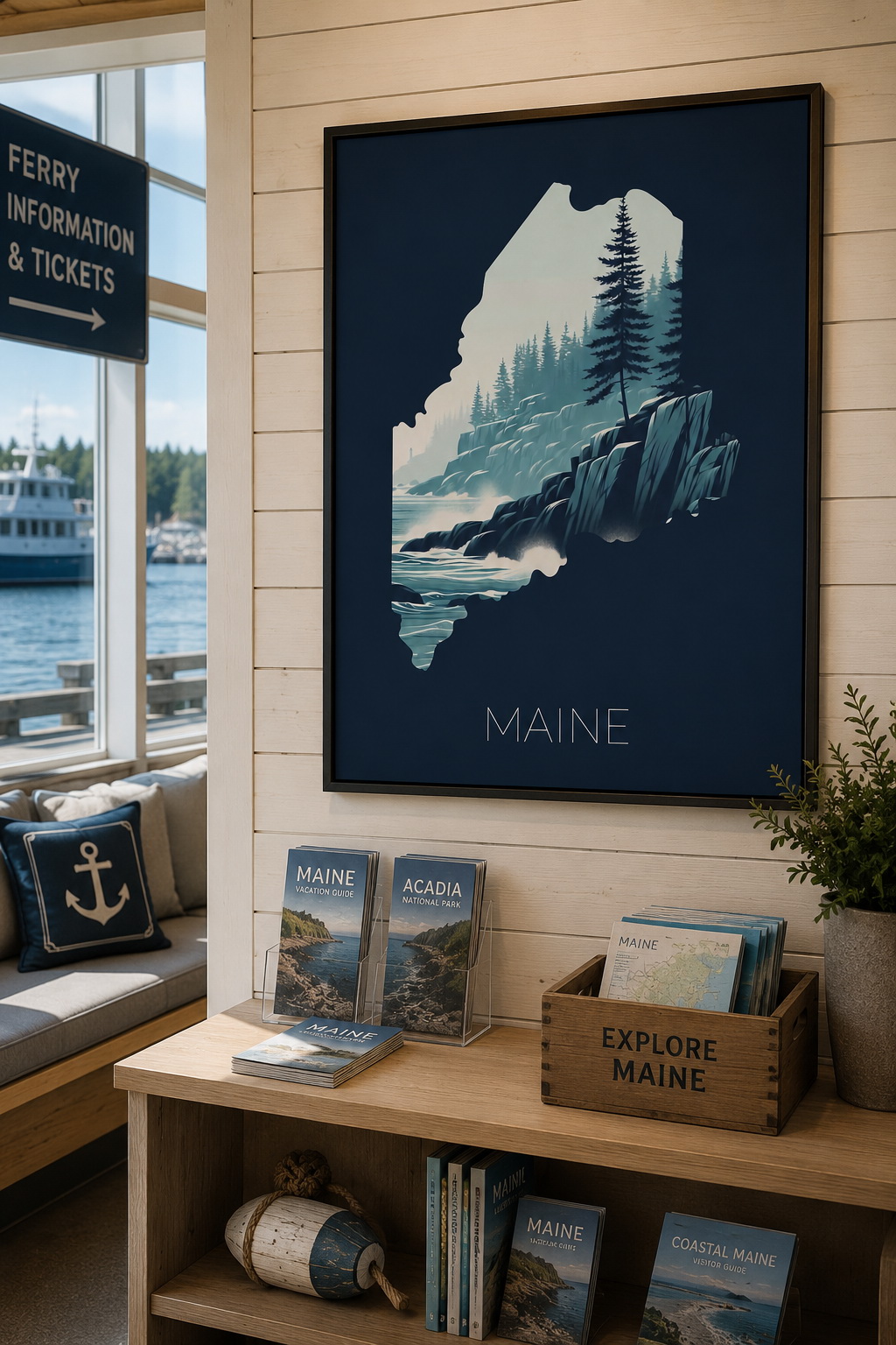 Maine state artwork displayed in a ferry terminal or visitor center setting with coastal guides and travel information