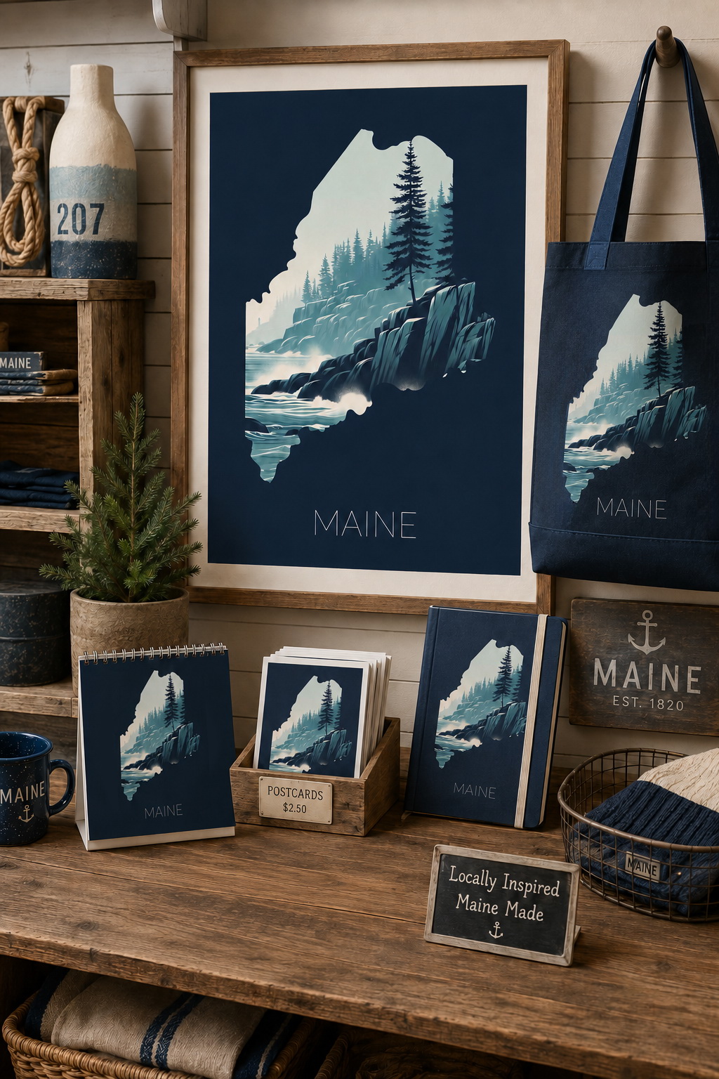 Maine state artwork applied to tote bags, notebooks, postcards and coastal gift merchandise display