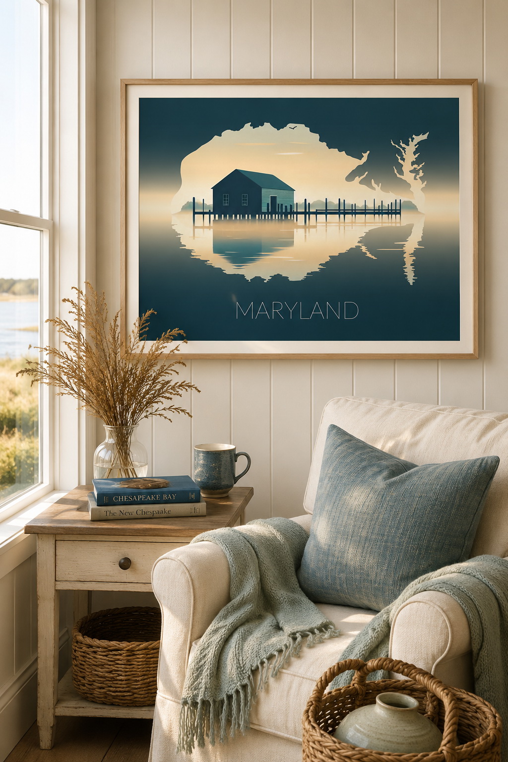 Maryland state artwork displayed in a bright coastal home interior inspired by Chesapeake Bay living