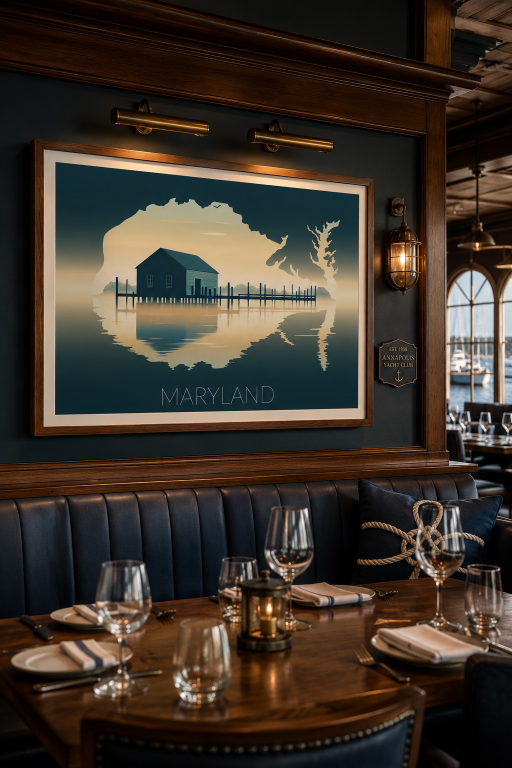Maryland state artwork displayed in an elegant waterfront restaurant or yacht club interior