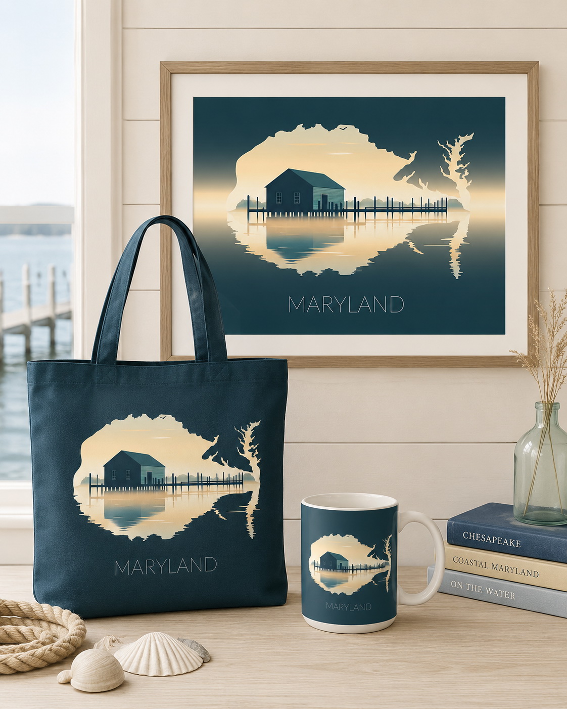 Maryland state artwork applied to tote bag and mug merchandise in a coastal gift collection