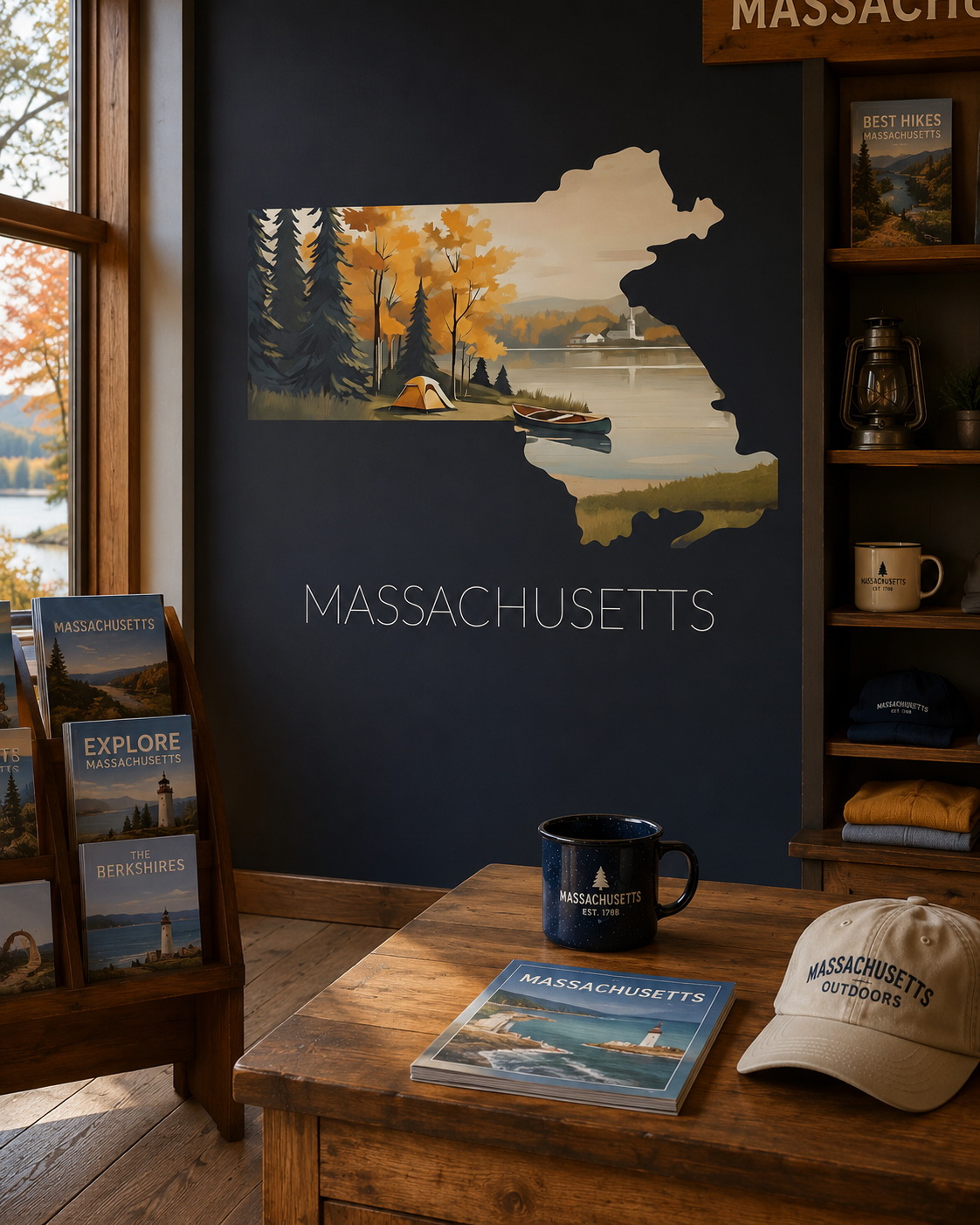 Massachusetts state artwork displayed in a regional outdoor shop and tourism retail interior