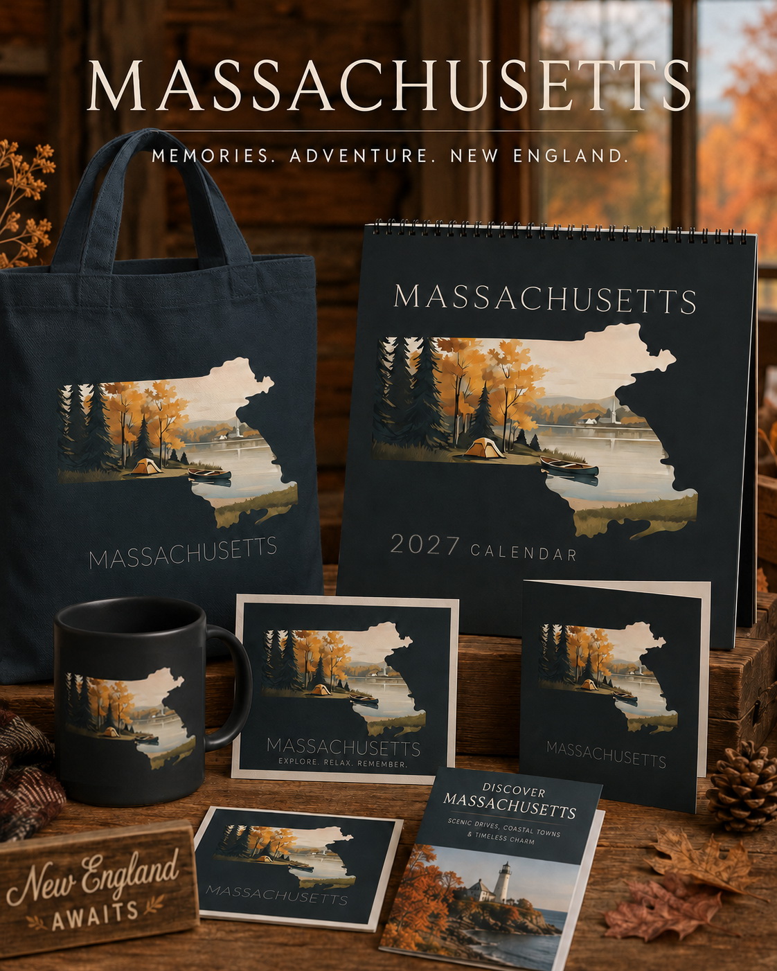 Massachusetts state artwork applied to tote bag, calendar, mug, postcards, cards and print merchandise in a New England gift collection