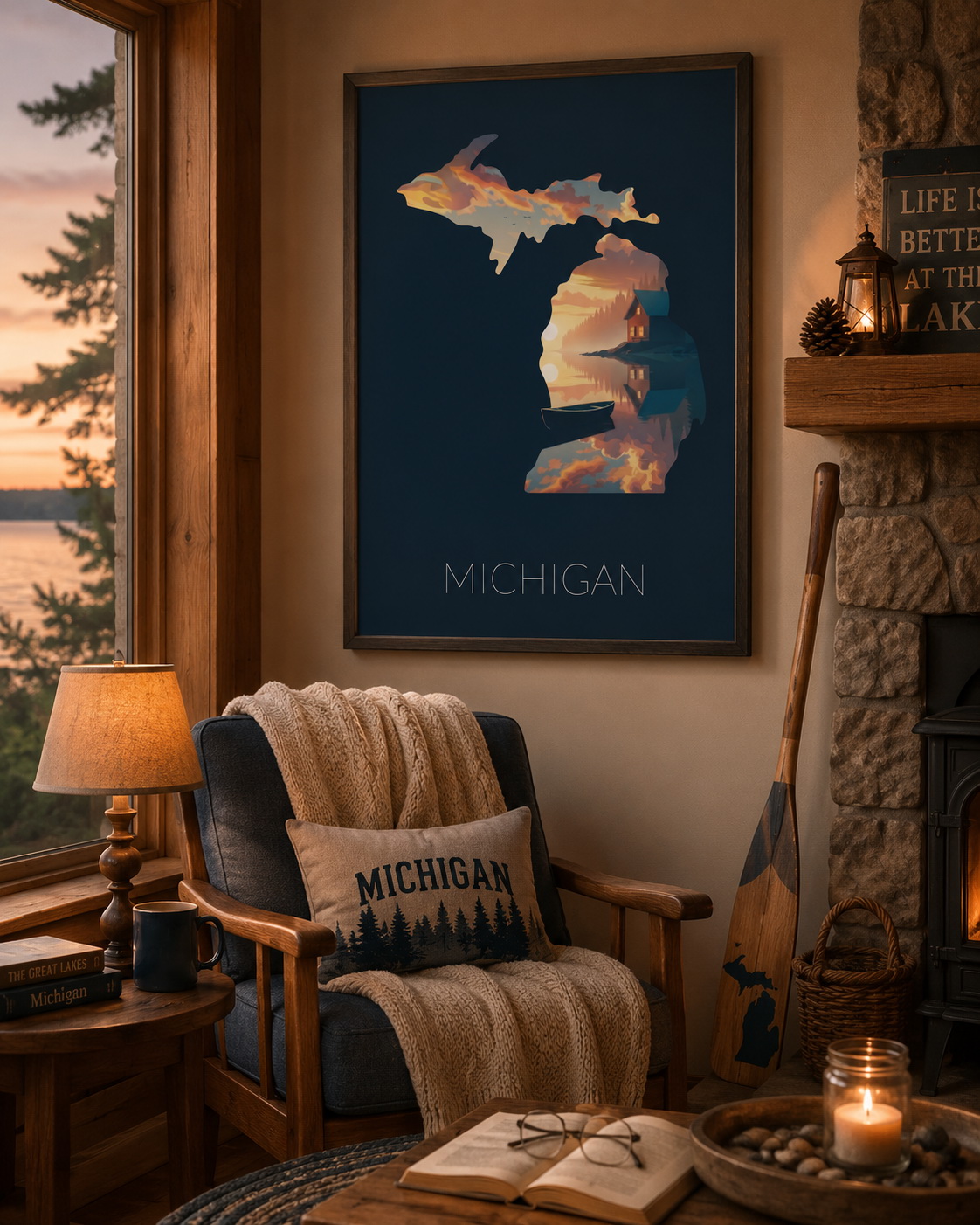 Michigan state artwork displayed as framed Great Lakes wall art in a warm lake house or cabin interior