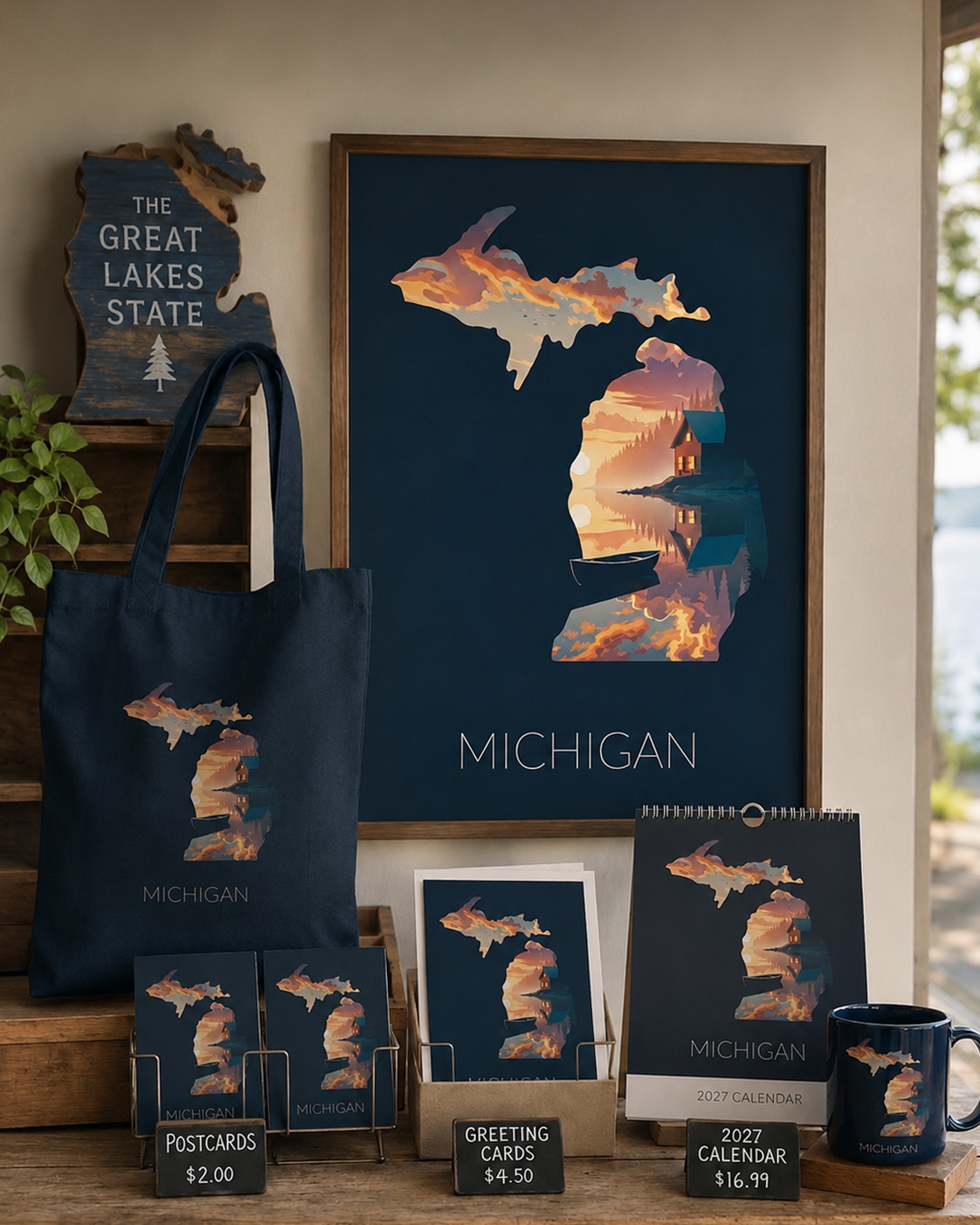 Michigan state artwork applied to tote bag, postcards, greeting cards, calendar, mug and framed merchandise