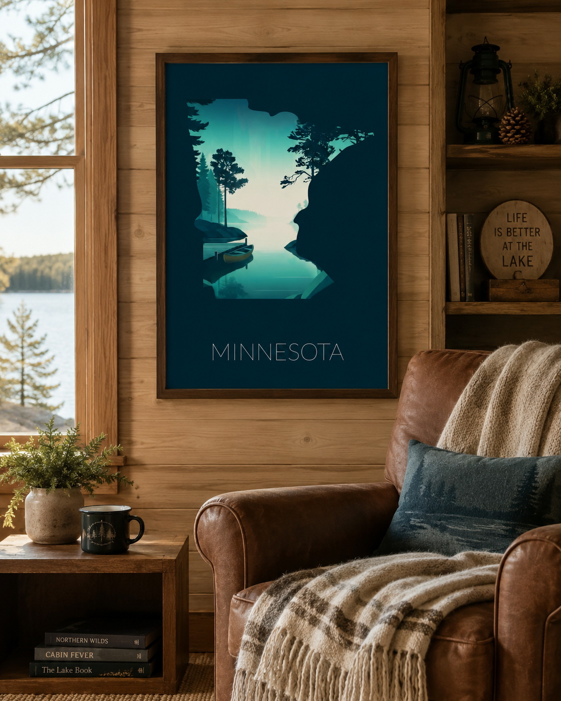 Minnesota state artwork displayed as framed North Woods lake wall art in a warm cabin interior