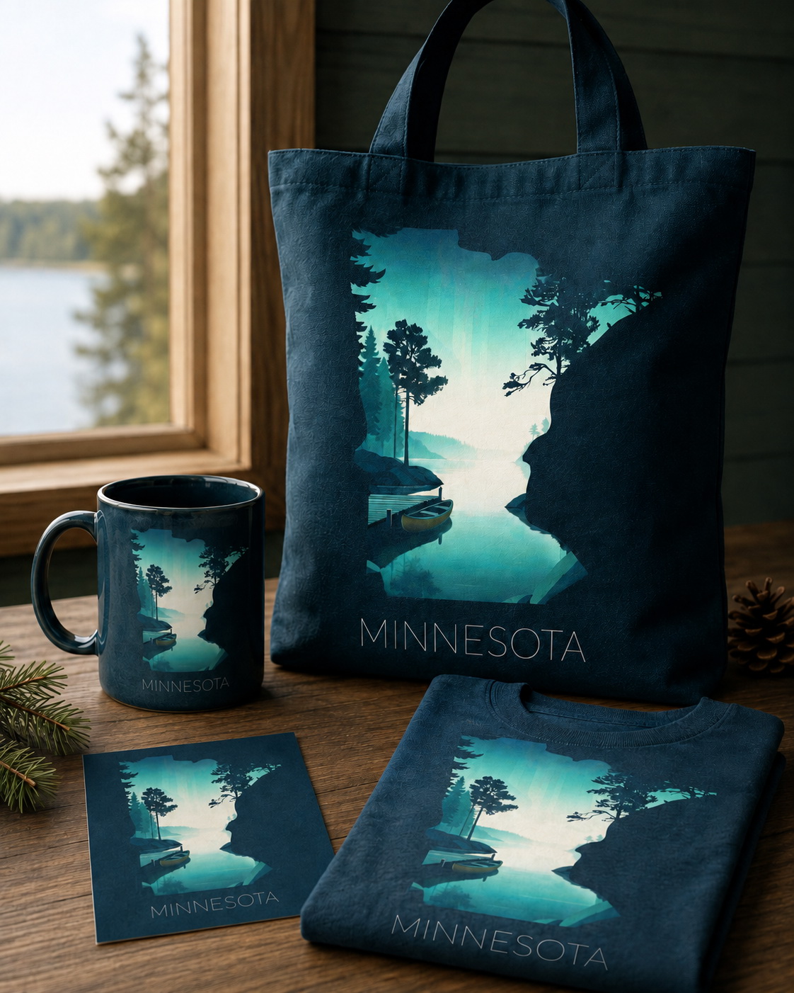 Minnesota state artwork applied to tote bag, mug, shirt and postcard merchandise in a lake cabin setting