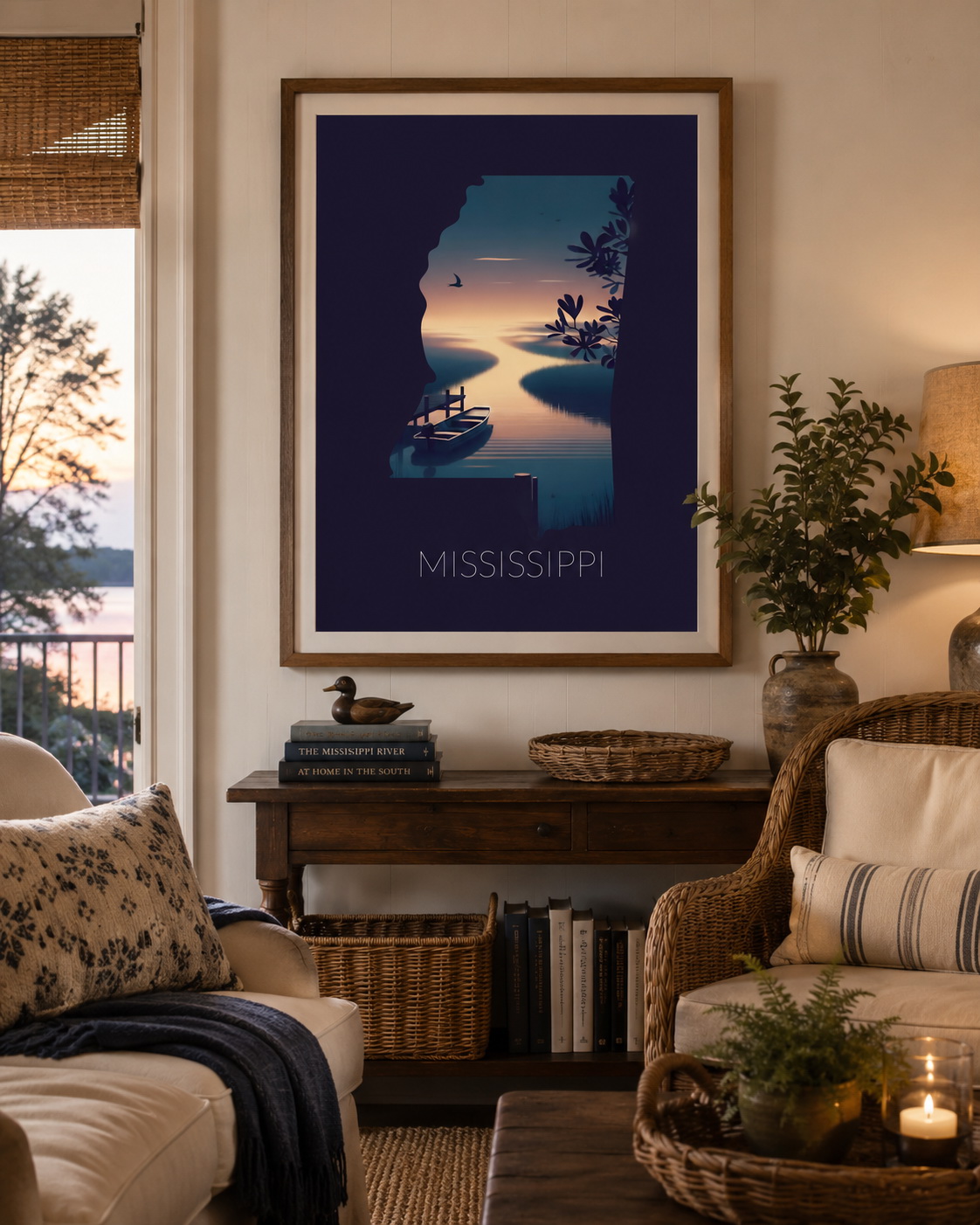 Mississippi state artwork displayed as framed Southern river wall art in a warm home interior