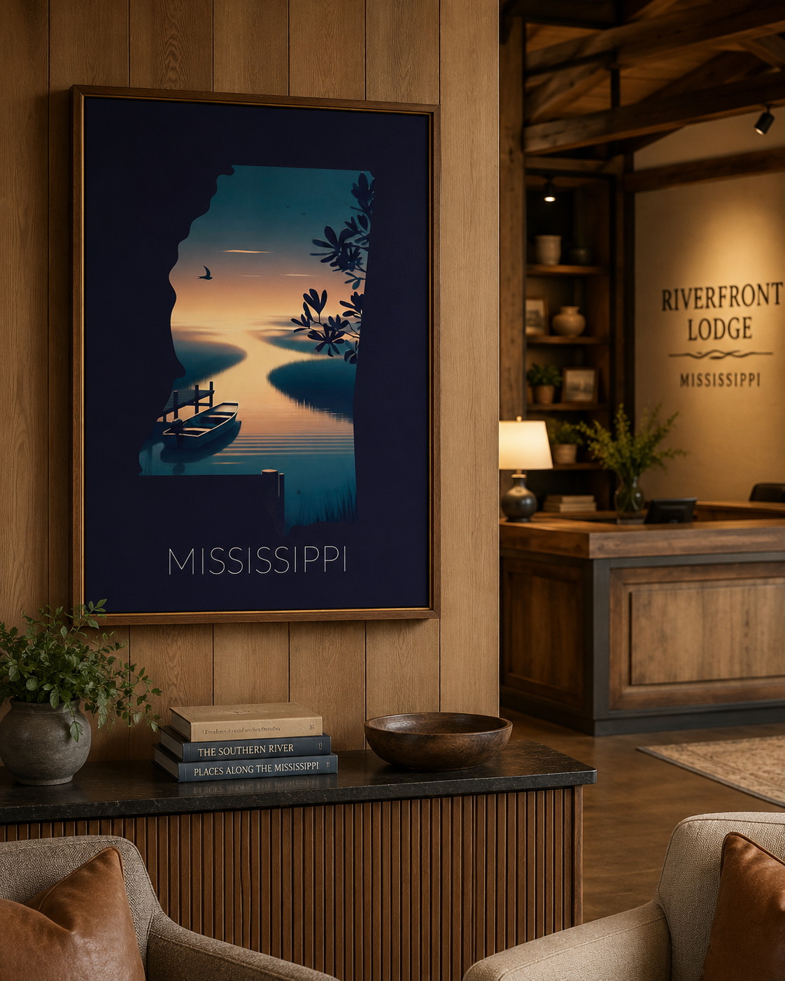 Mississippi state artwork displayed in a riverfront lodge or hospitality reception interior