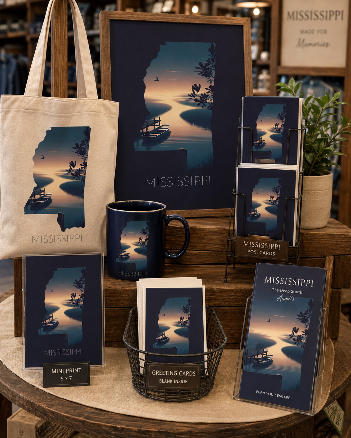Mississippi state artwork applied to tote bag, mug, postcards, greeting cards, mini prints and framed merchandise