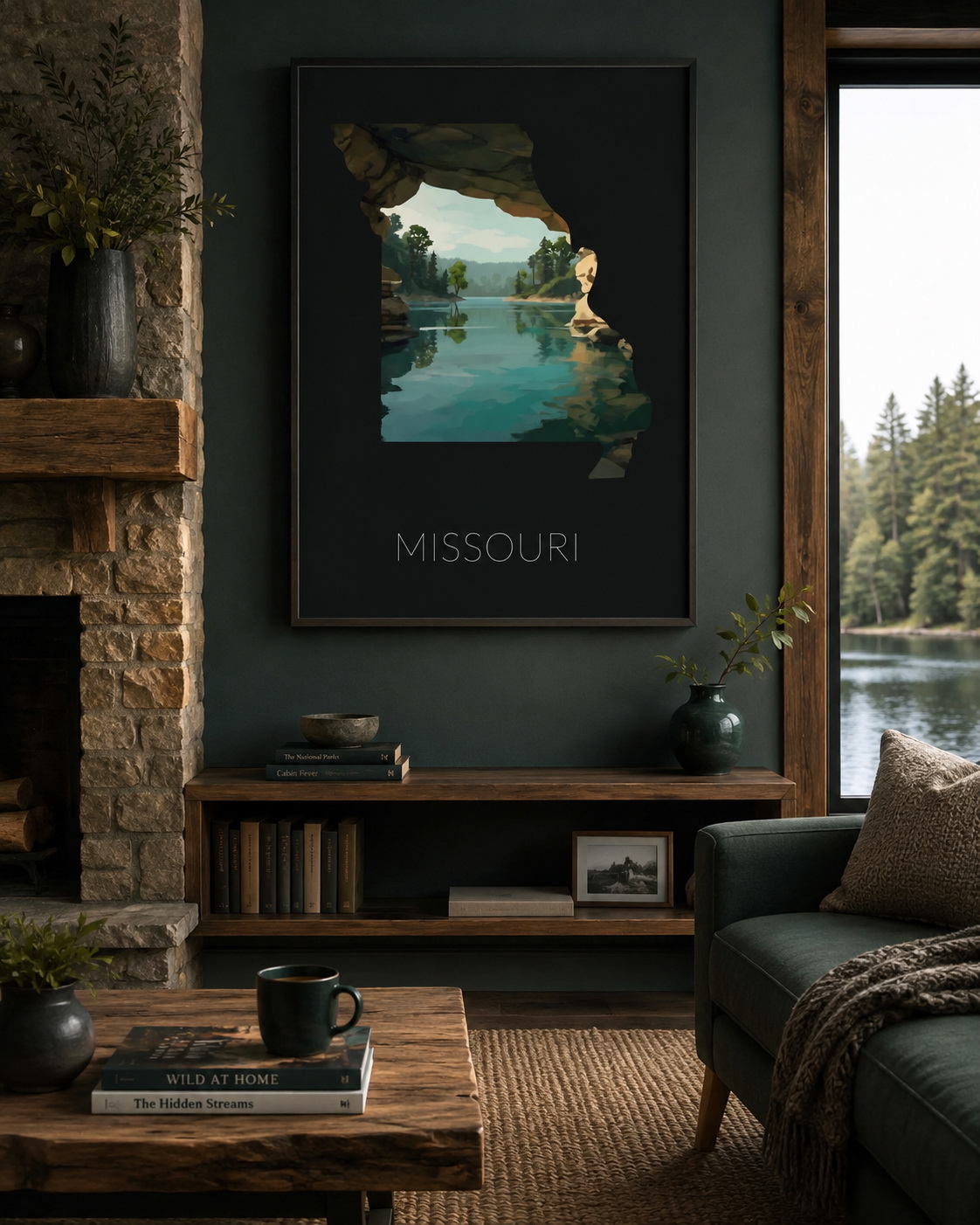 Missouri state artwork displayed as framed Ozarks cave and spring wall art in a dark cozy cabin interior